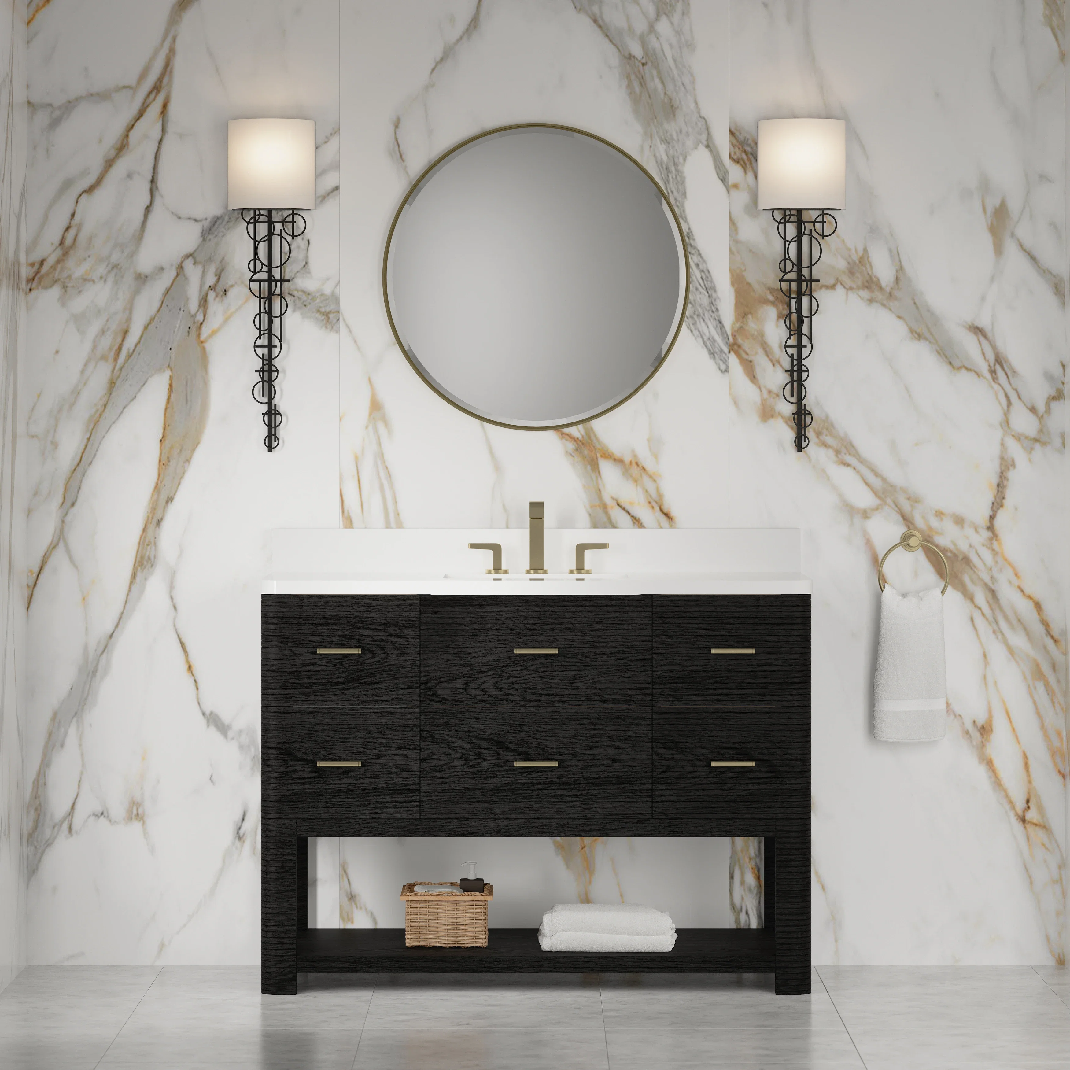 Lucian 48" Single Vanity, Carbon Oak w/ 3 CM White Zeus Silestone Widespread Top