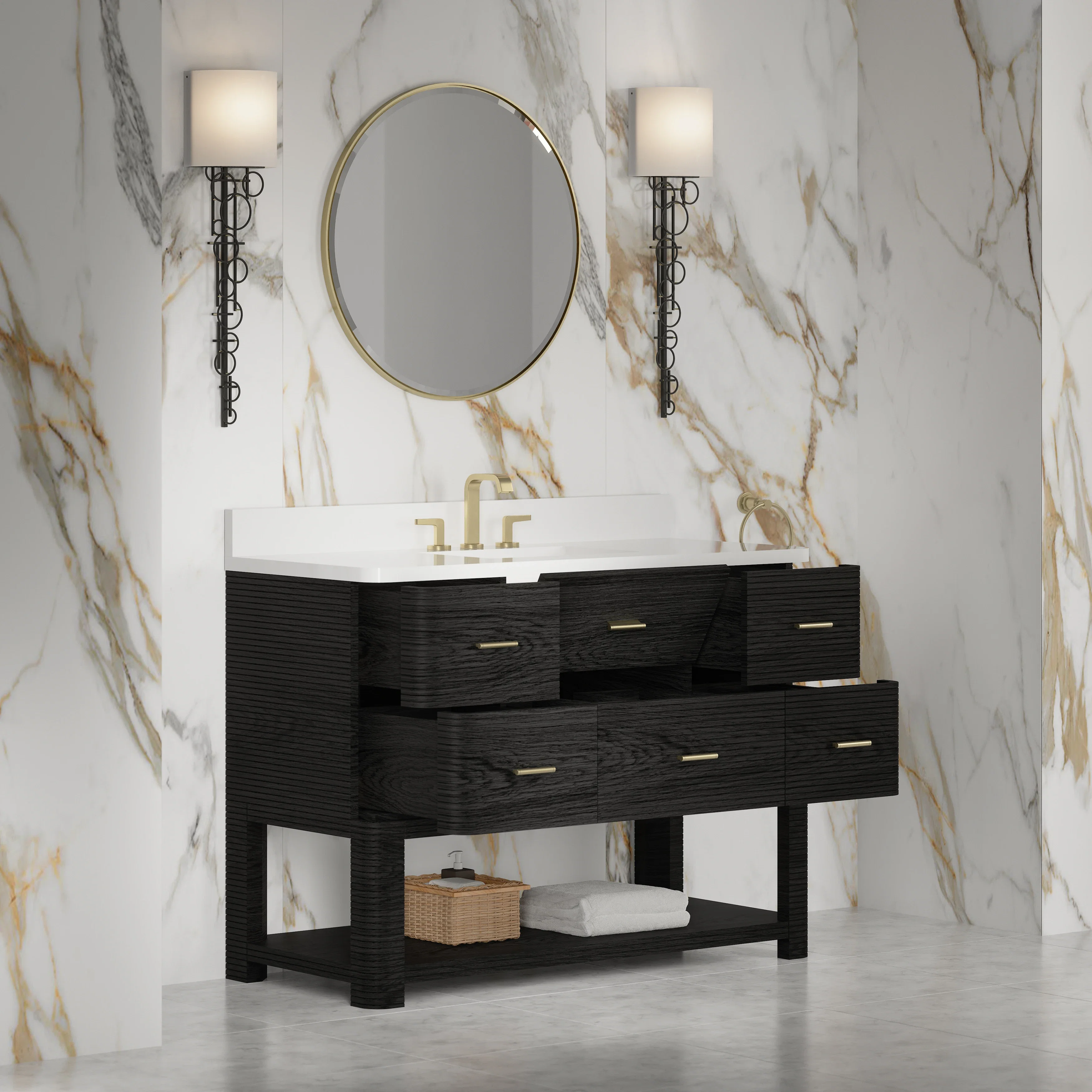 Lucian 48" Single Vanity, Carbon Oak w/ 3 CM White Zeus Silestone Widespread Top