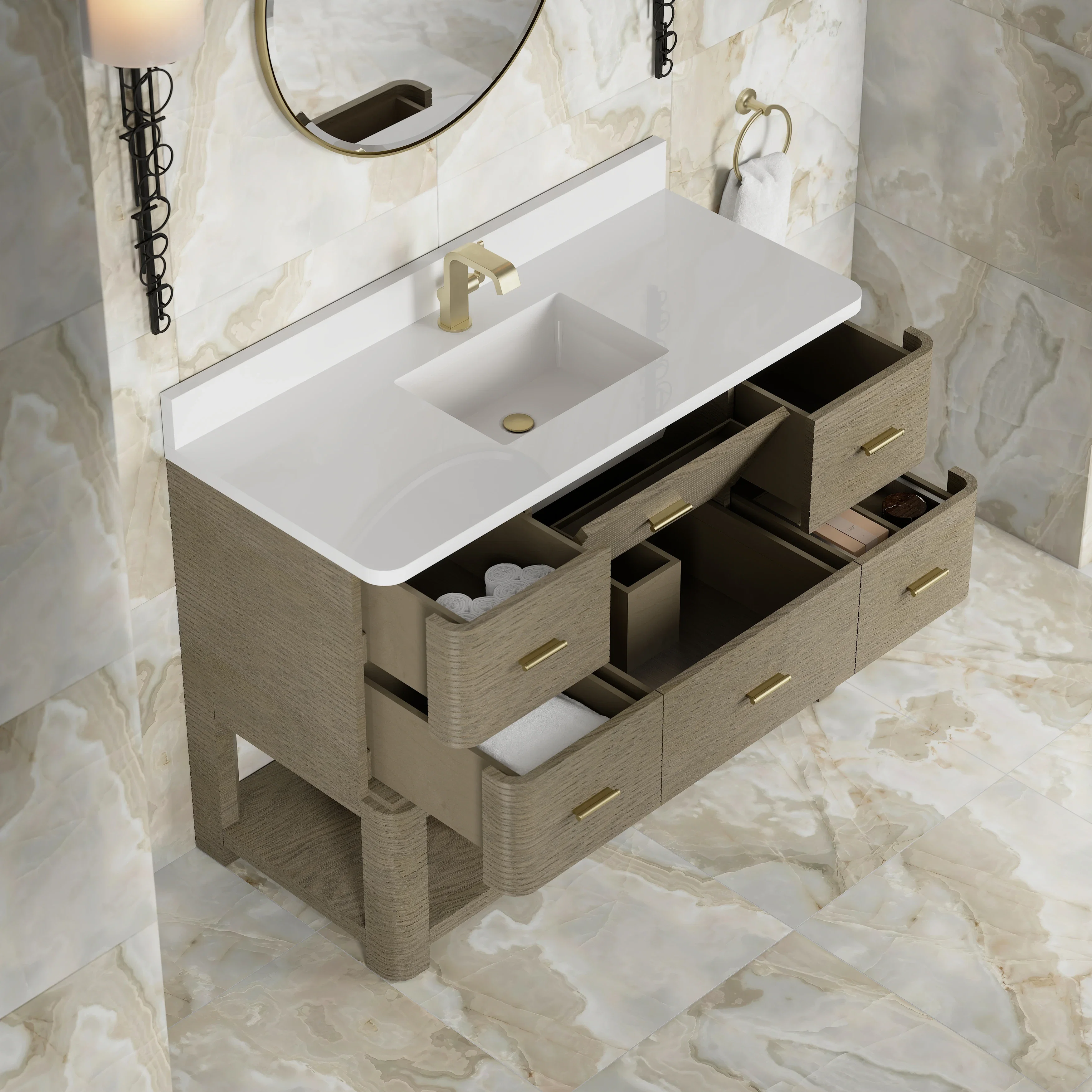 Lucian 48" Single Vanity, Pebble Oak w/ 3 CM White Zeus Silestone Top