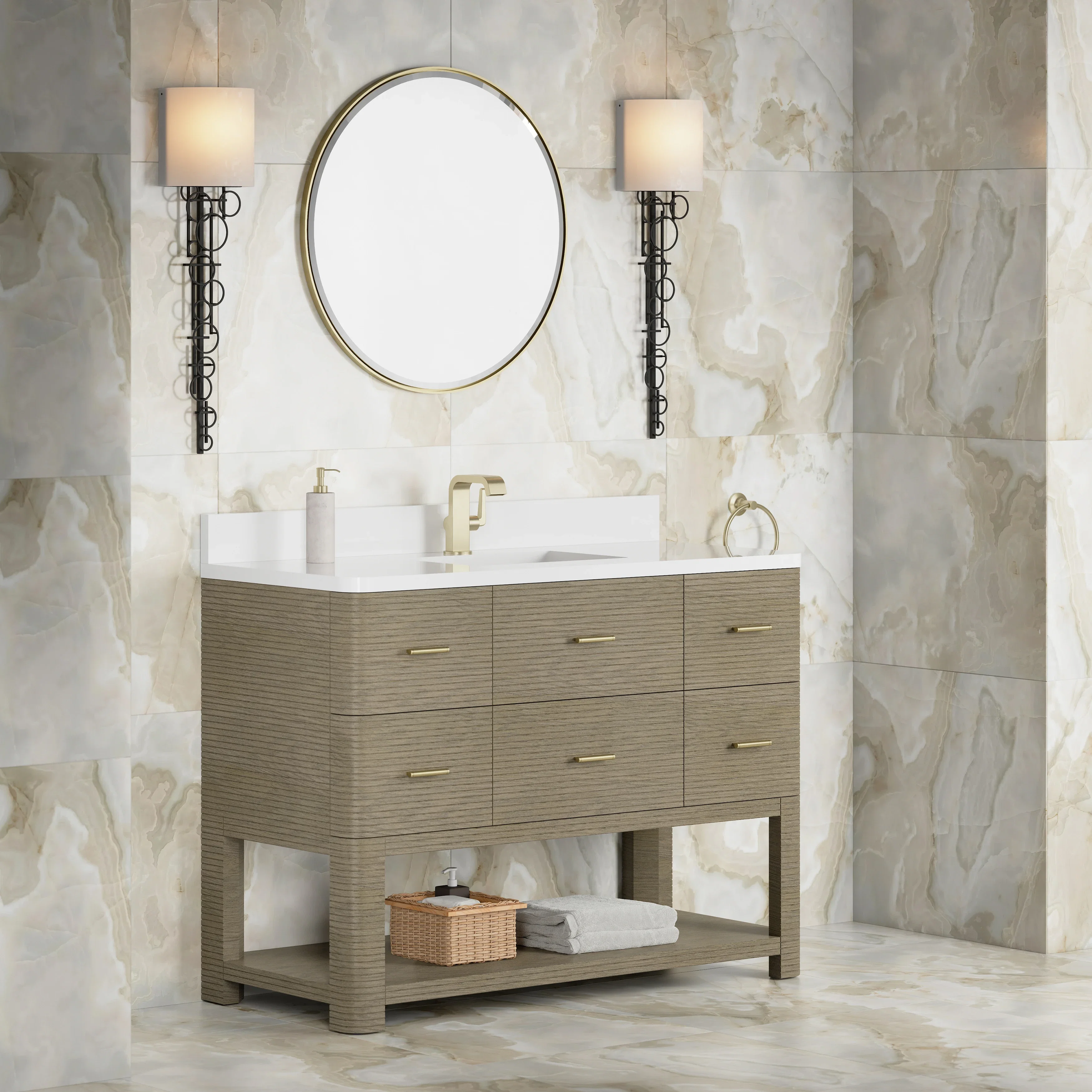 Lucian 48" Single Vanity, Pebble Oak w/ 3 CM White Zeus Silestone Top