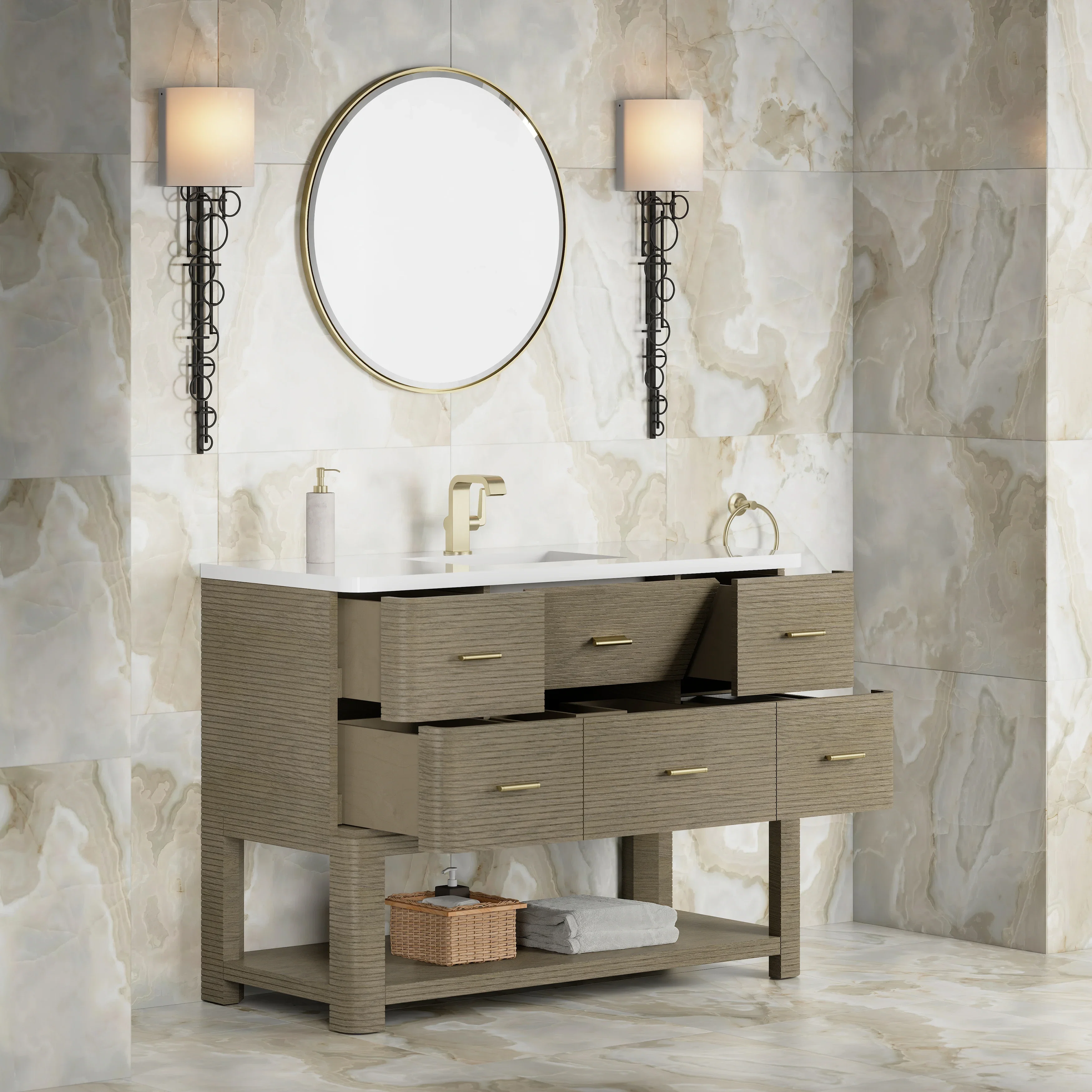 Lucian 48" Single Vanity, Pebble Oak w/ 3 CM White Zeus Silestone Top