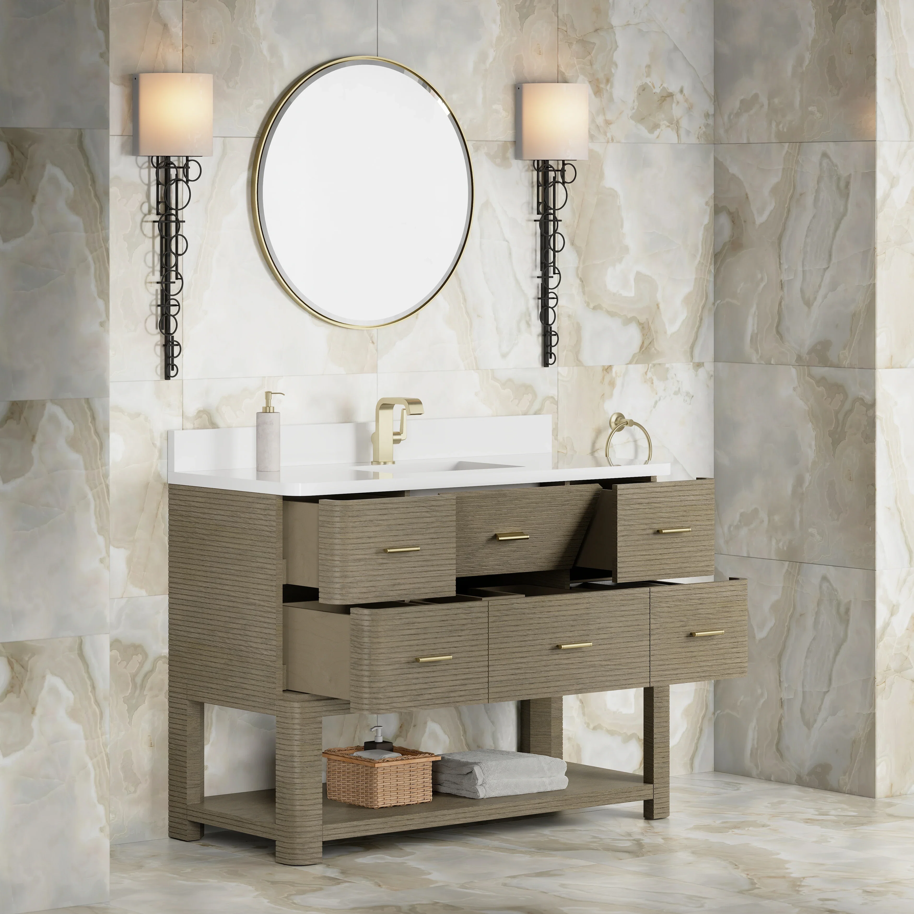 Lucian 48" Single Vanity, Pebble Oak w/ 3 CM White Zeus Silestone Top