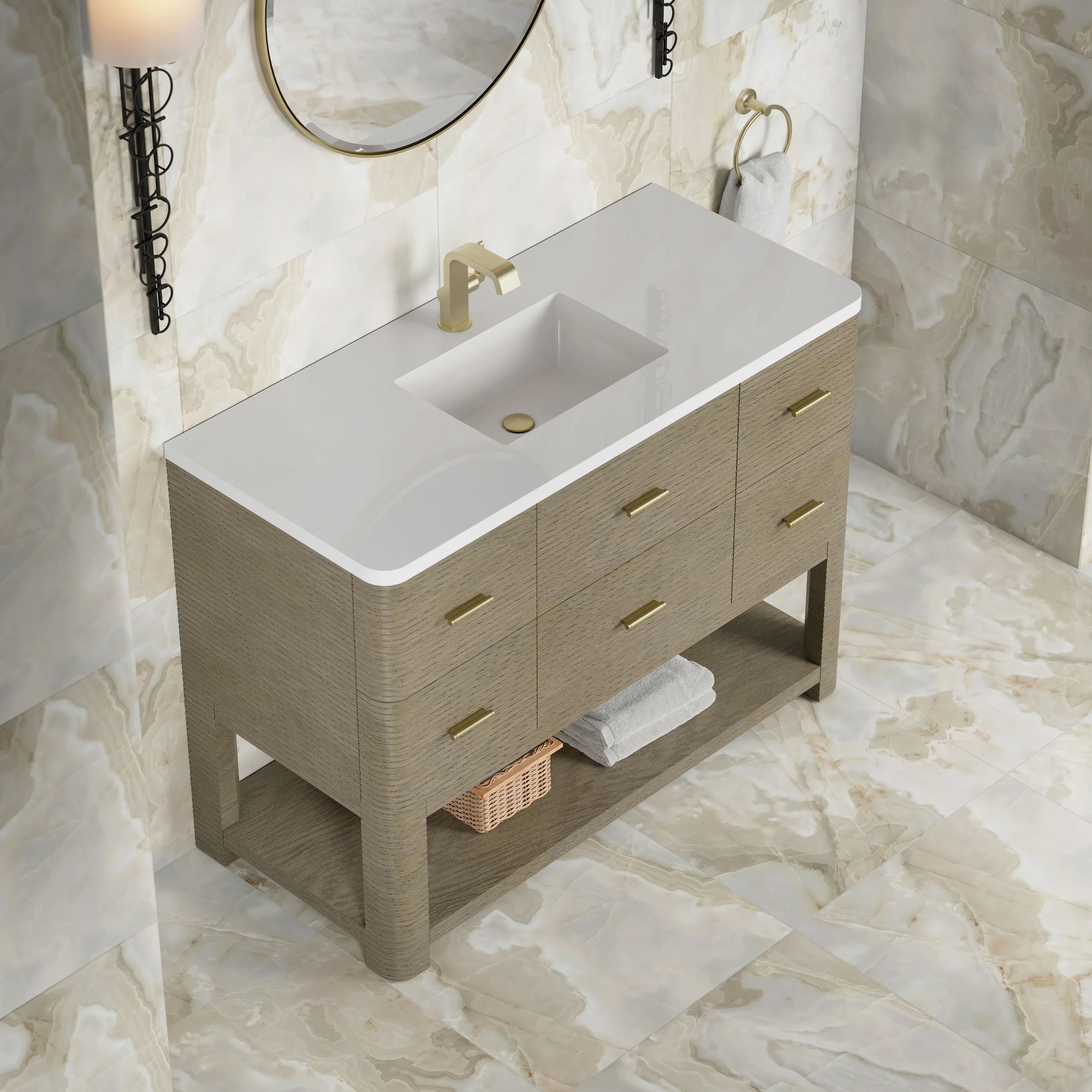 Lucian 48" Single Vanity, Pebble Oak w/ 3 CM White Zeus Silestone Top