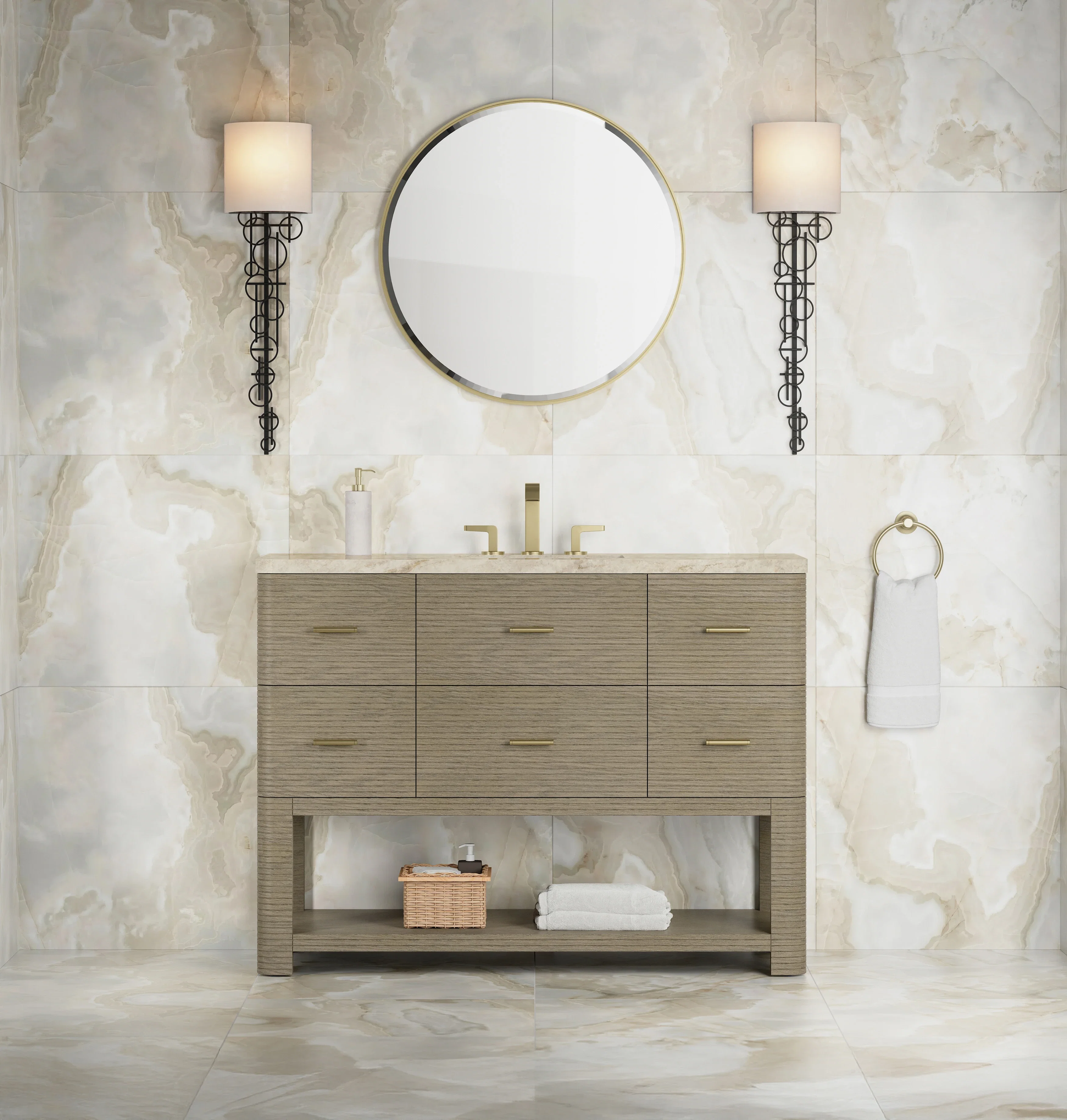 Lucian 48" Single Vanity, Pebble Oak, w/ 3 CM Tajnar Eclos Top w/FreePower Wireless Charger