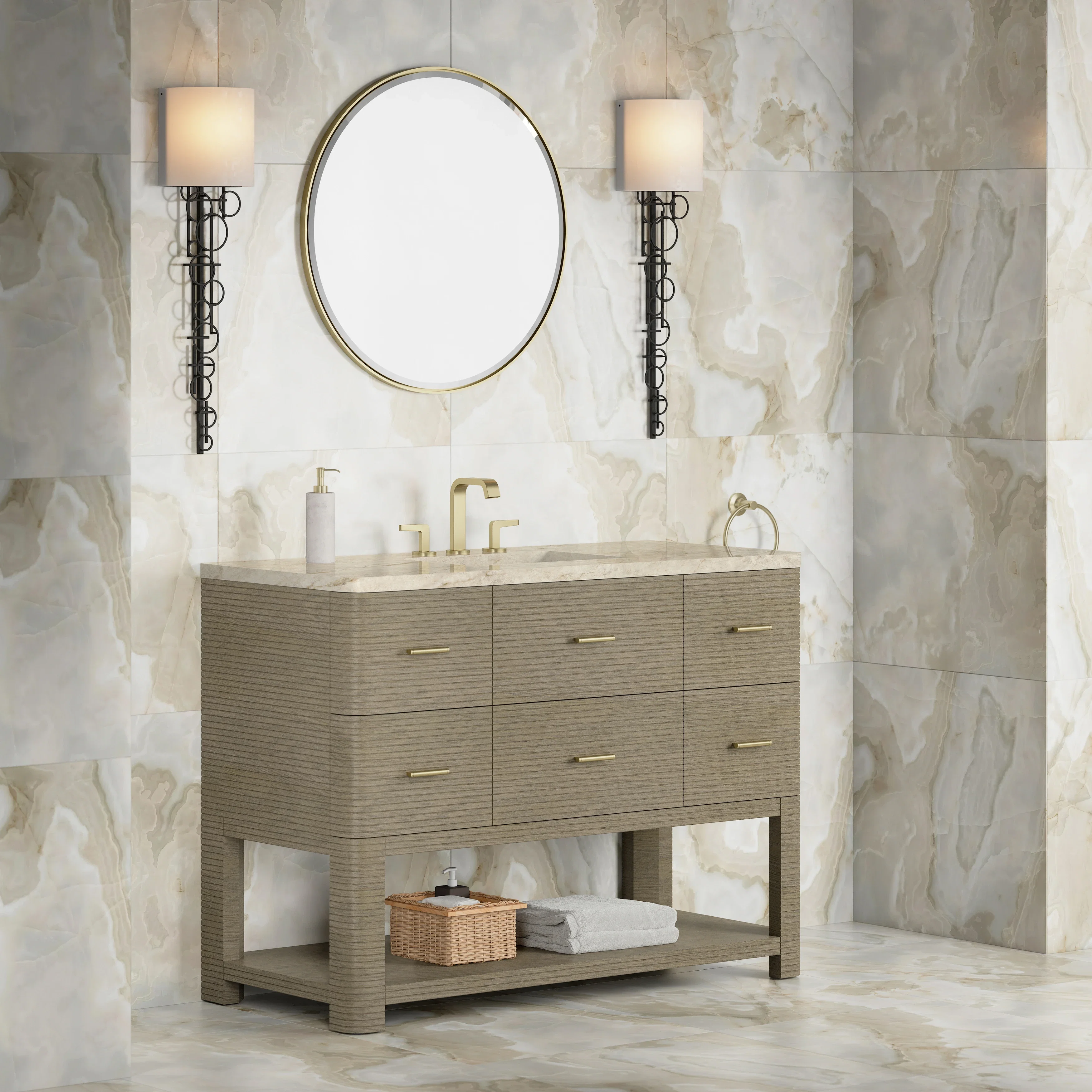 Lucian 48" Single Vanity, Pebble Oak, w/ 3 CM Tajnar Eclos Top w/FreePower Wireless Charger