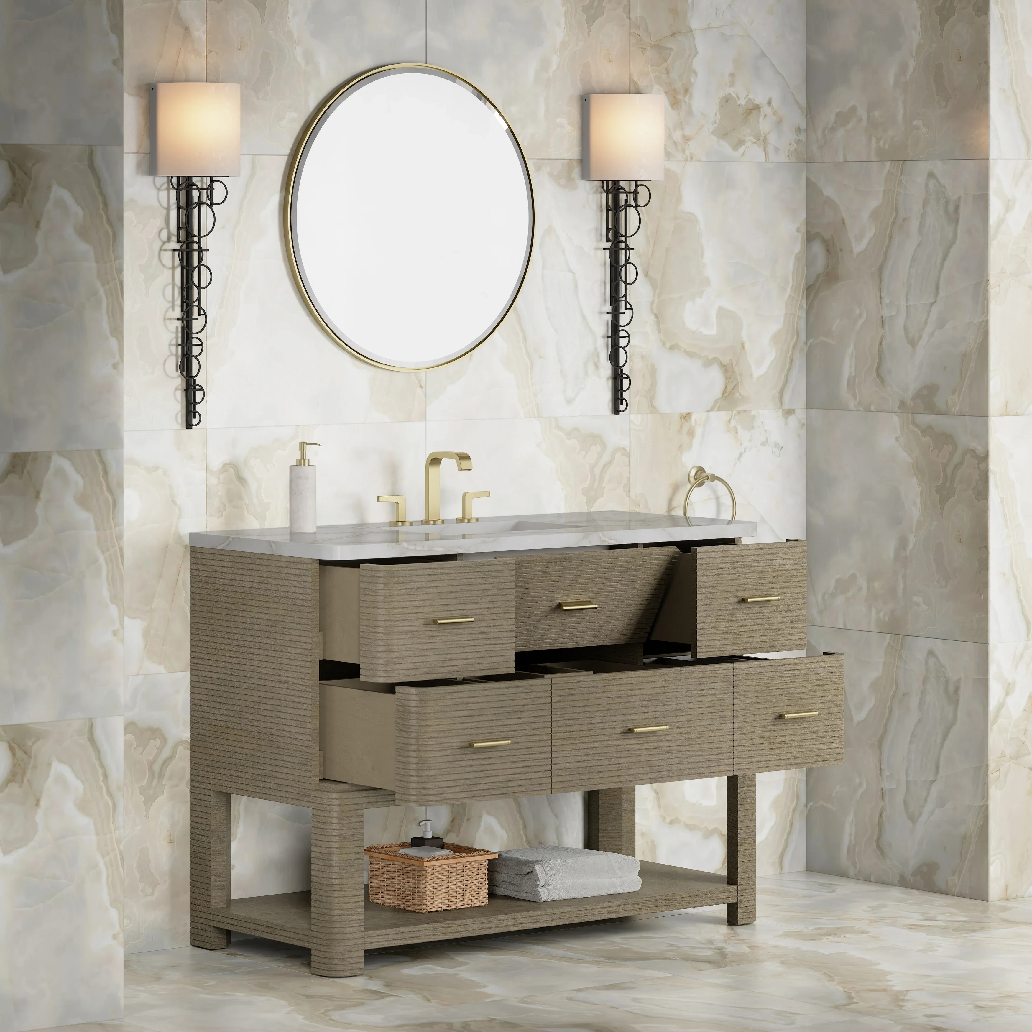 Lucian 48" Single Vanity, Pebble Oak w/ 3 CM Victorian Silver Silestone Top w/ FreePower Wireless Charger