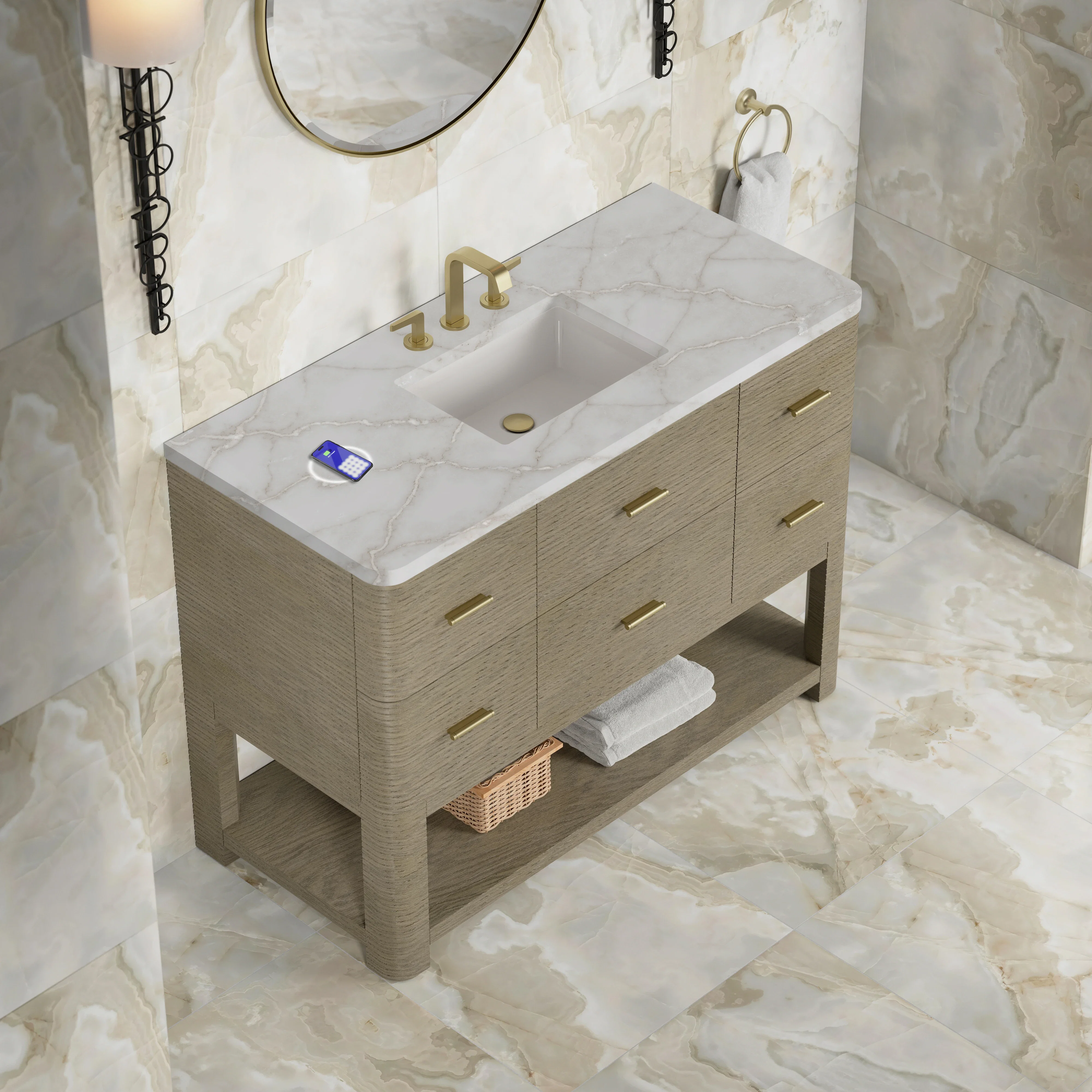 Lucian 48" Single Vanity, Pebble Oak w/ 3 CM Victorian Silver Silestone Top w/ FreePower Wireless Charger