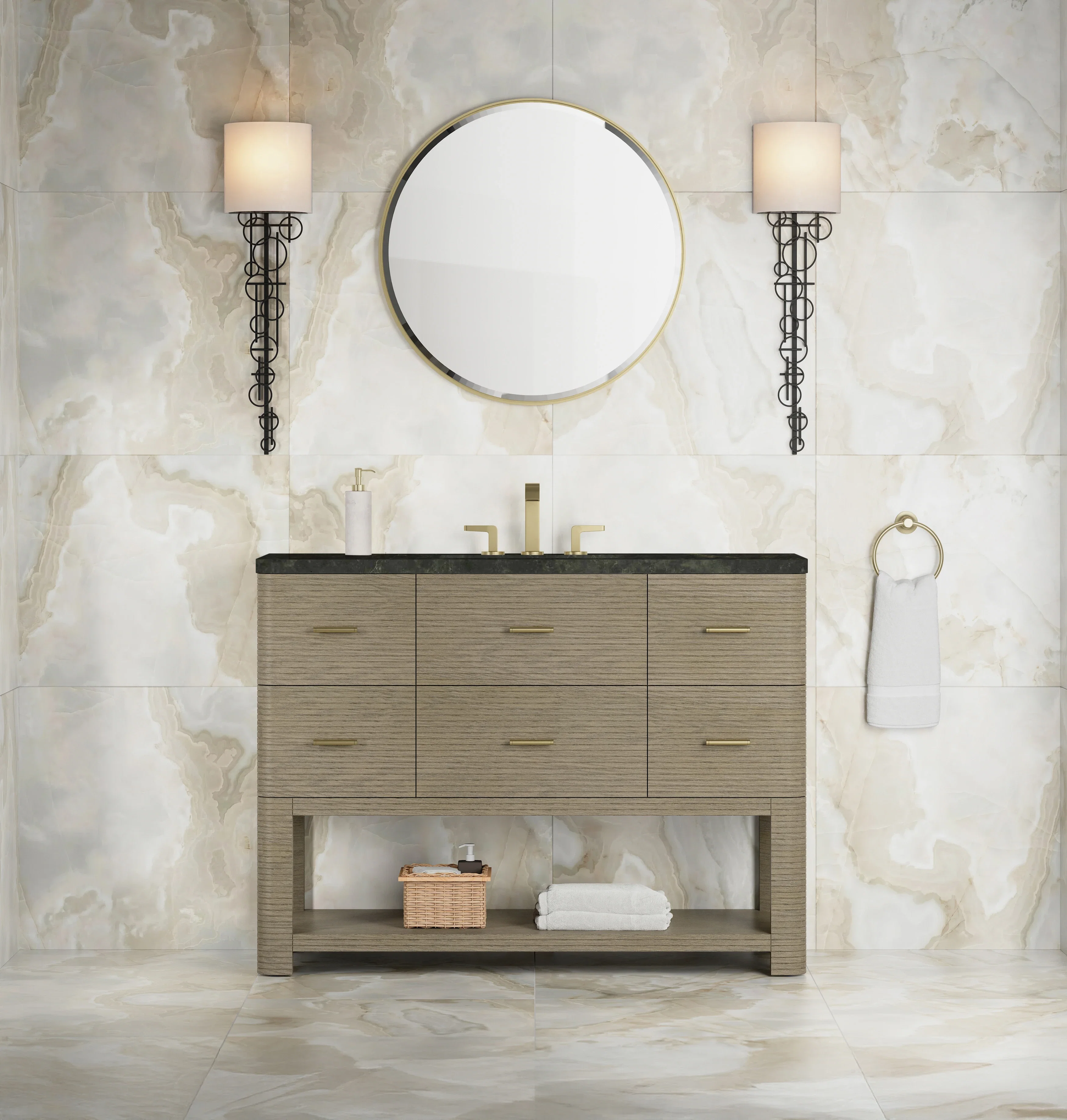 Lucian 48" Single Vanity, Pebble Oak, w/ 3 CM Phantome Eclos Widespread Top