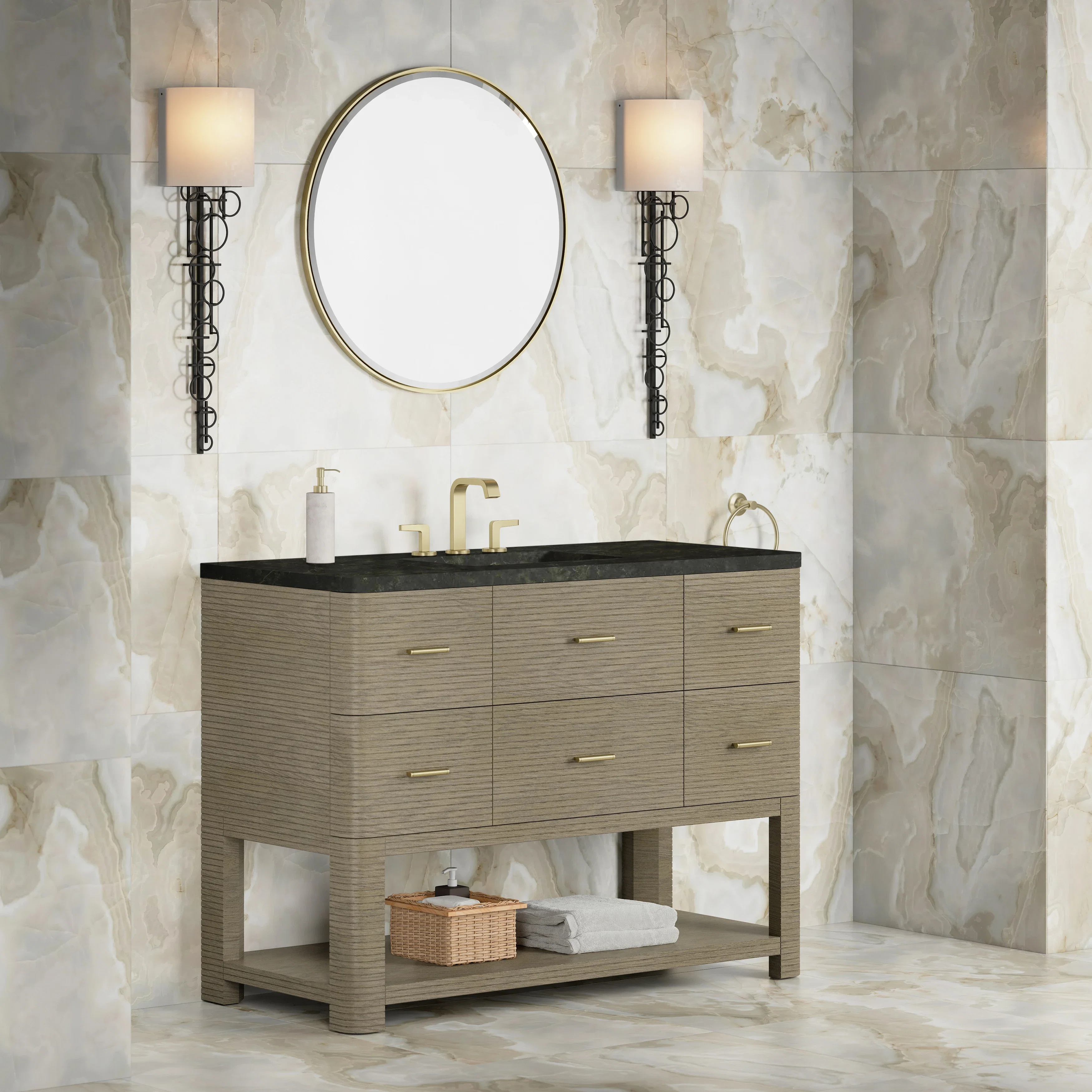 Lucian 48" Single Vanity, Pebble Oak, w/ 3 CM Phantome Eclos Widespread Top