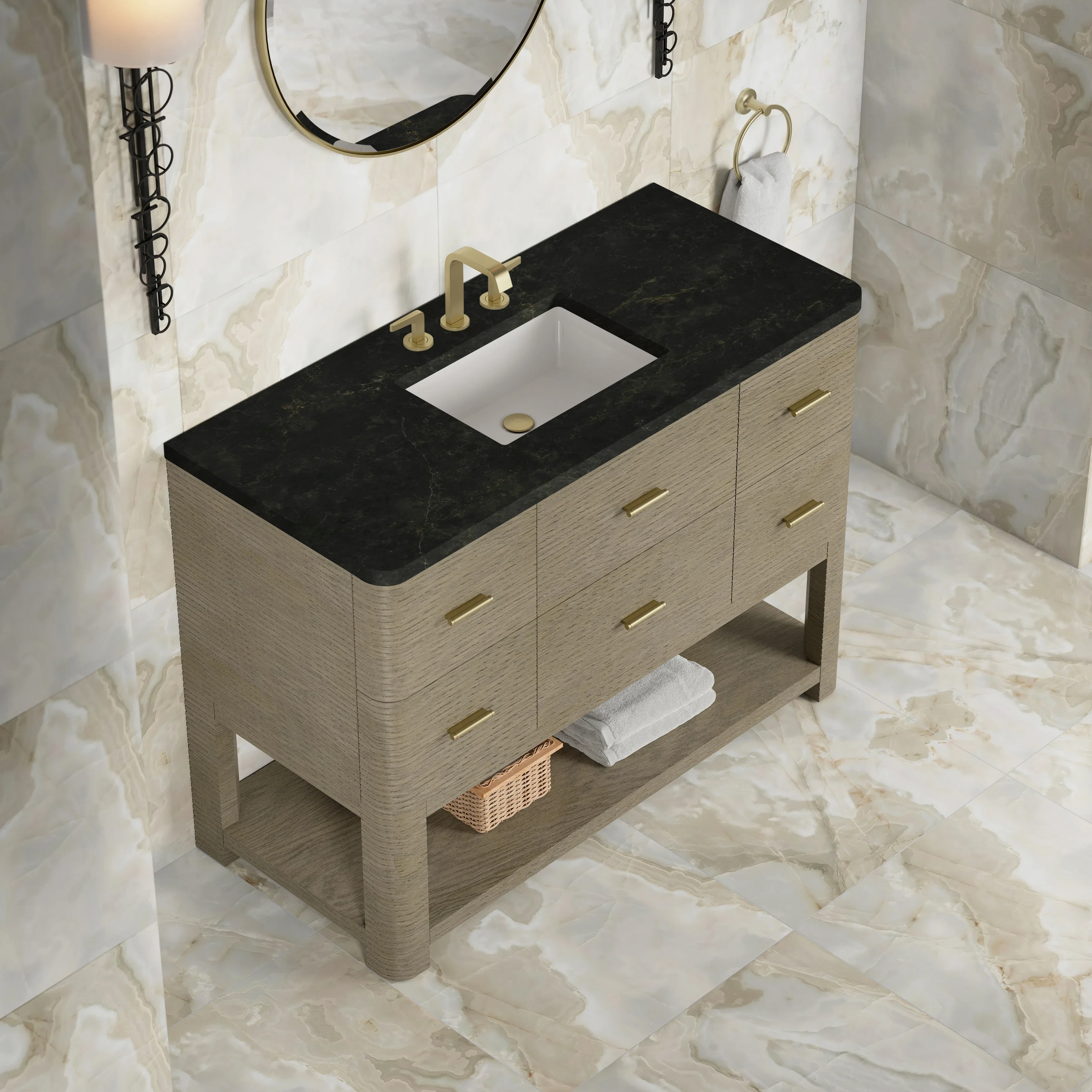 Lucian 48" Single Vanity, Pebble Oak, w/ 3 CM Phantome Eclos Widespread Top