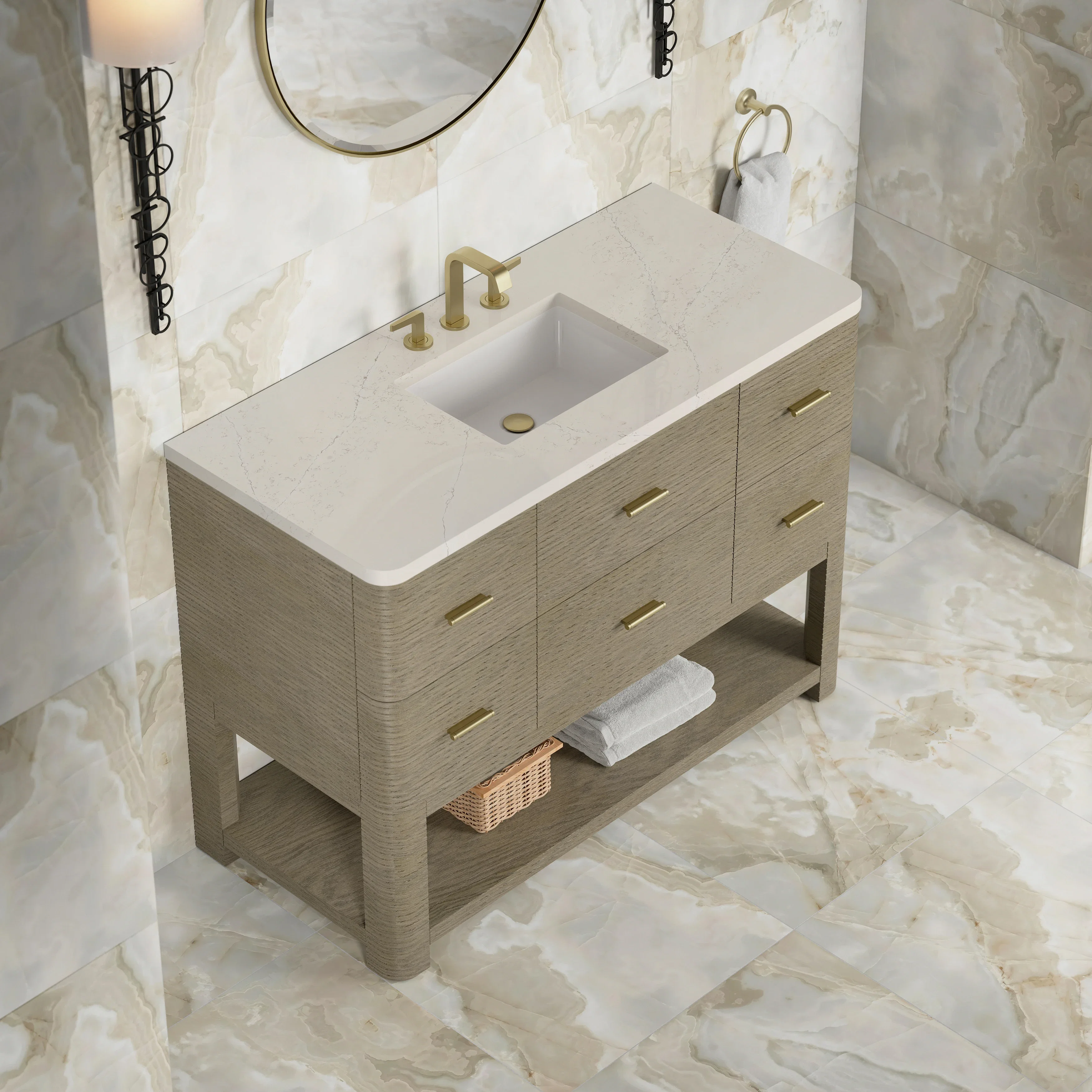 Lucian 48" Single Vanity, Pebble Oak, w/ 3 CM Siberian Silestone Widespread Top