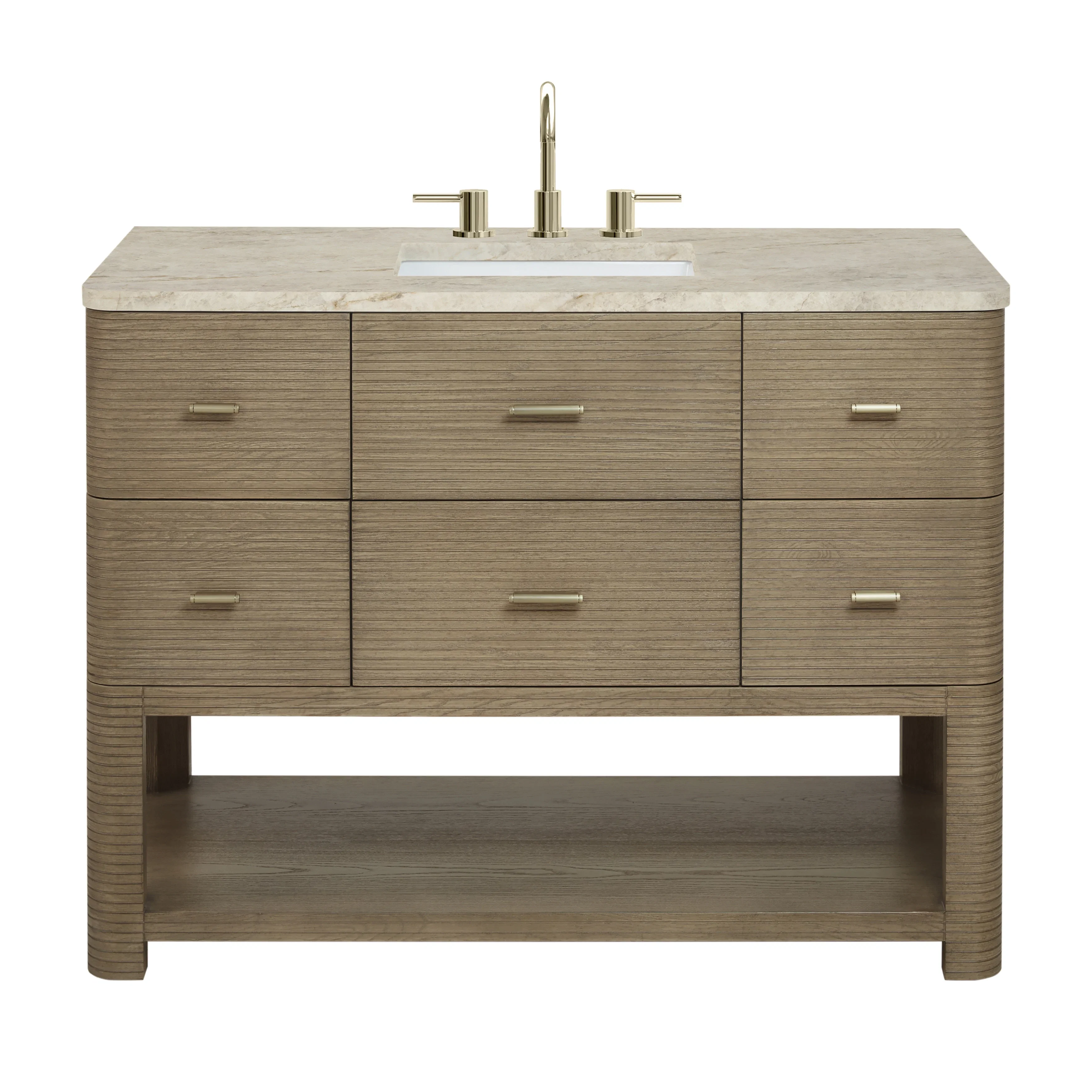 Lucian 48" Single Vanity, Pebble Oak, w/ 3 CM Tajnar Eclos Widespread Top