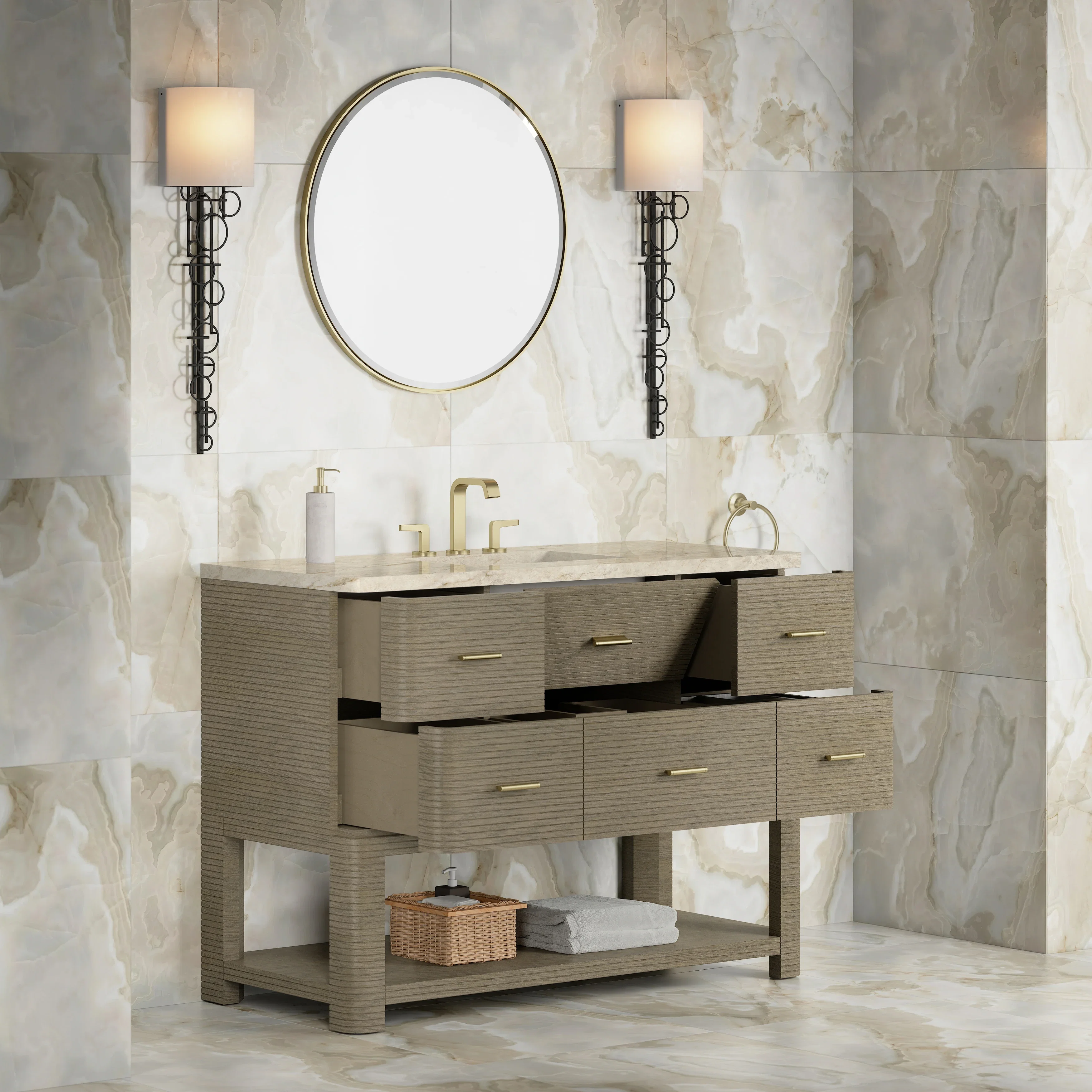 Lucian 48" Single Vanity, Pebble Oak, w/ 3 CM Tajnar Eclos Widespread Top