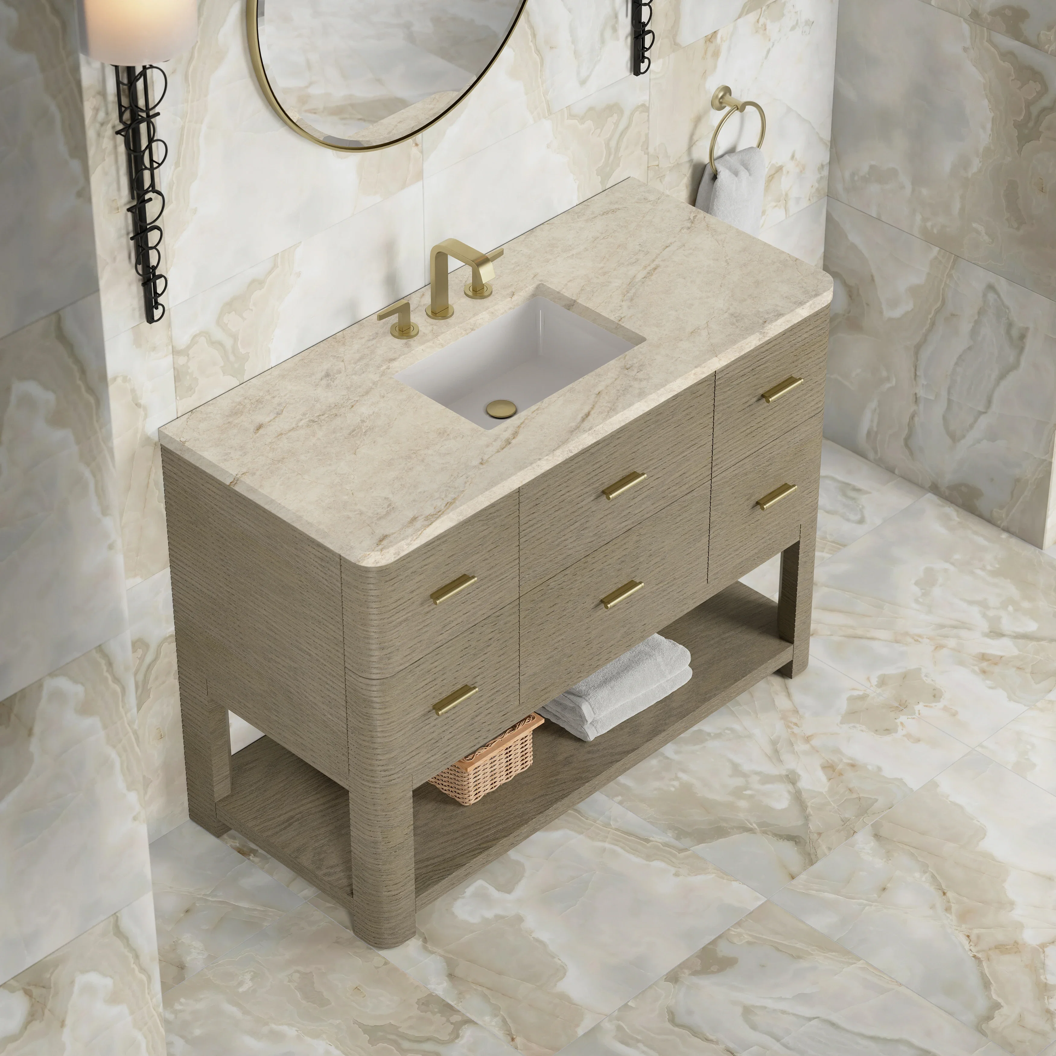 Lucian 48" Single Vanity, Pebble Oak, w/ 3 CM Tajnar Eclos Widespread Top
