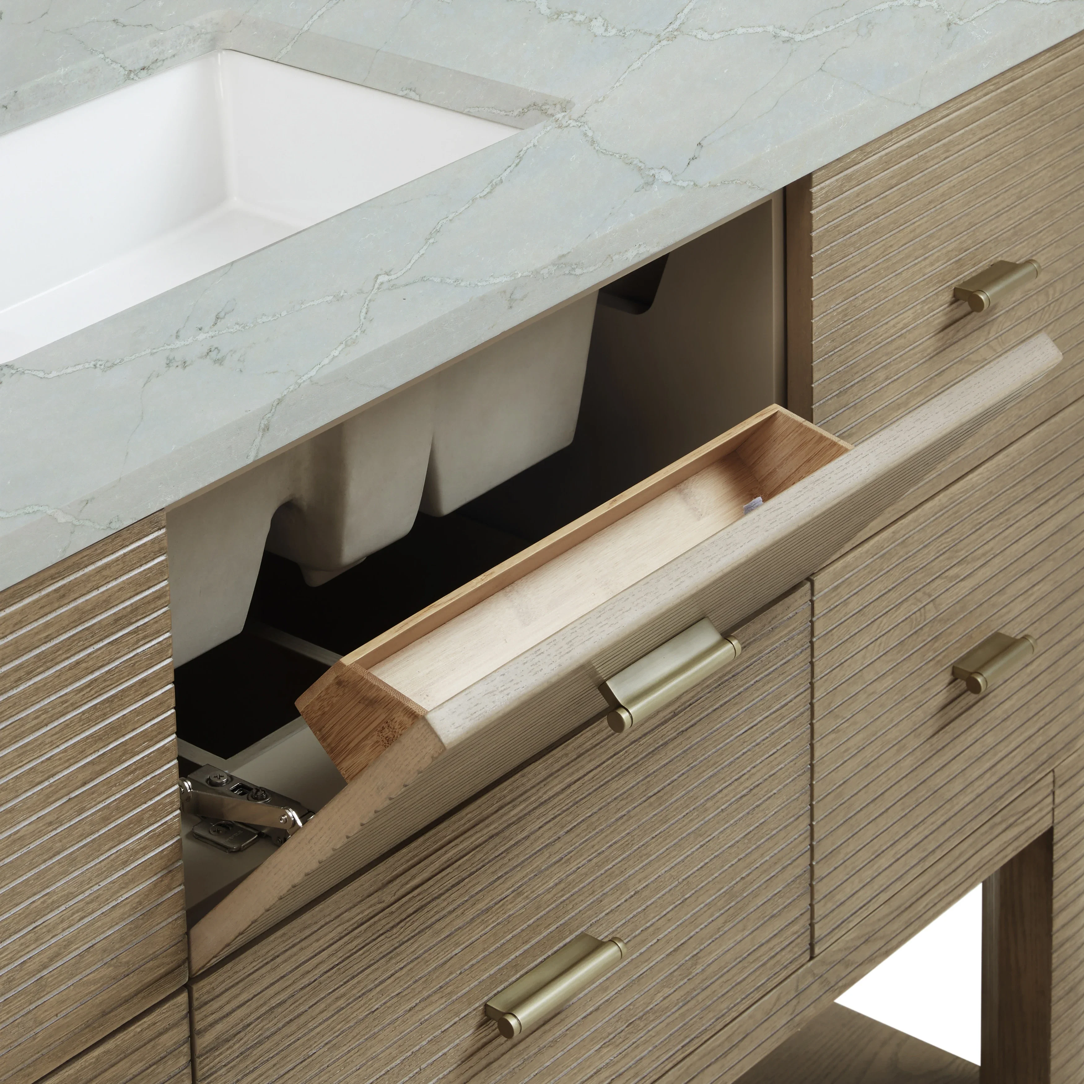 Lucian 48" Single Vanity, Pebble Oak, w/ 3 CM Tajnar Eclos Widespread Top