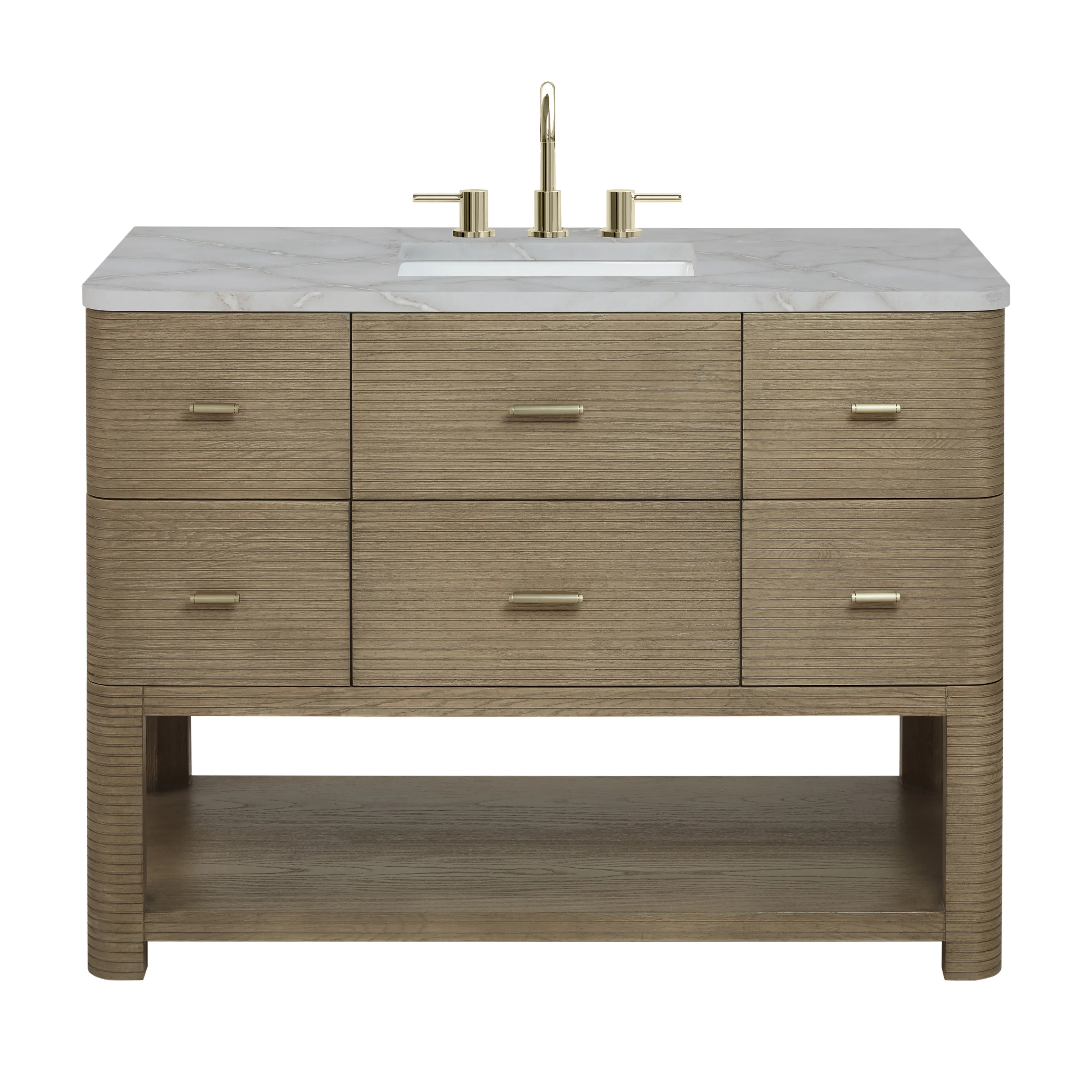 Lucian 48" Single Vanity, Pebble Oak w/ 3 CM Victorian Silver Silestone Widespread Top