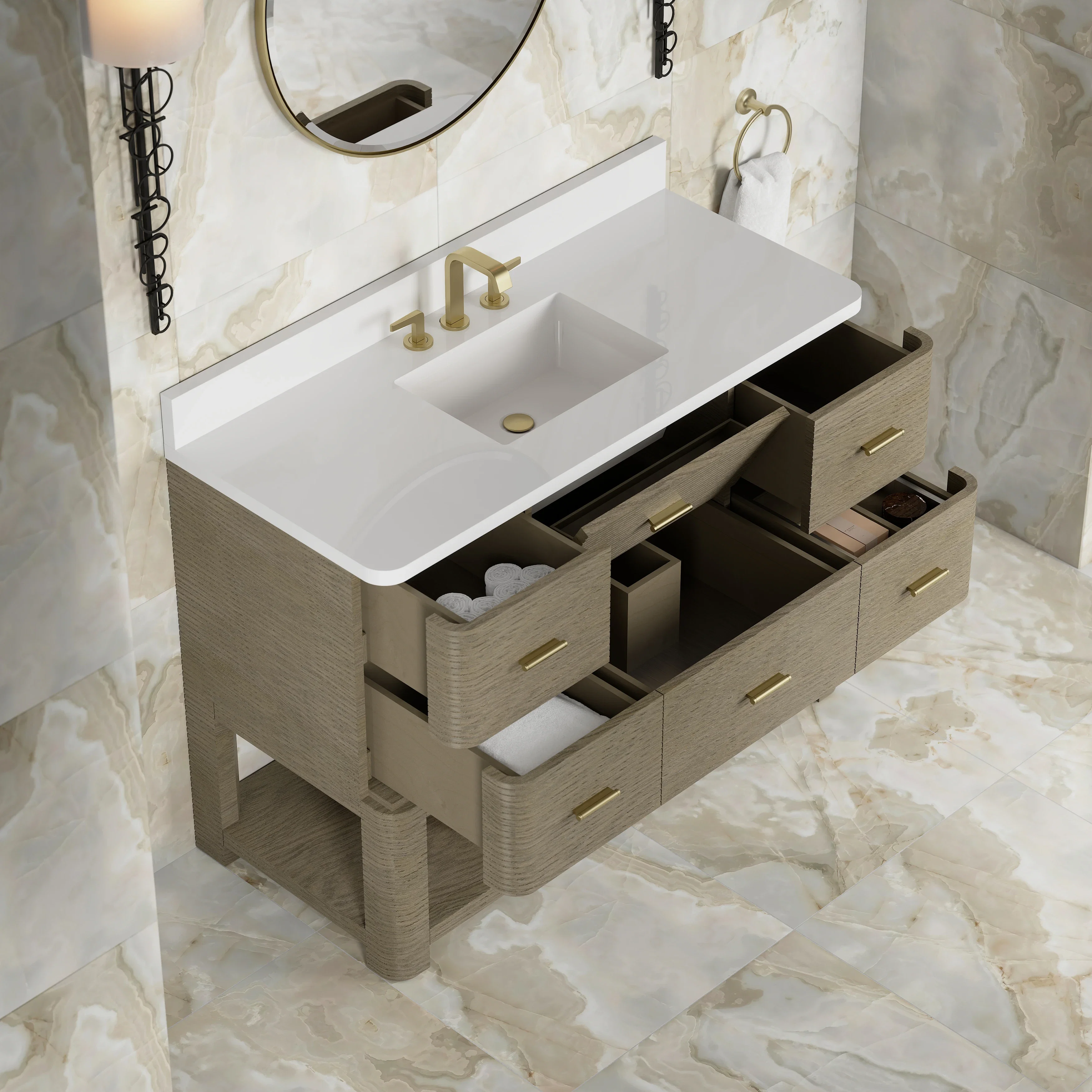 Lucian 48" Single Vanity, Pebble Oak w/ 3 CM White Zeus Silestone Widespread Top