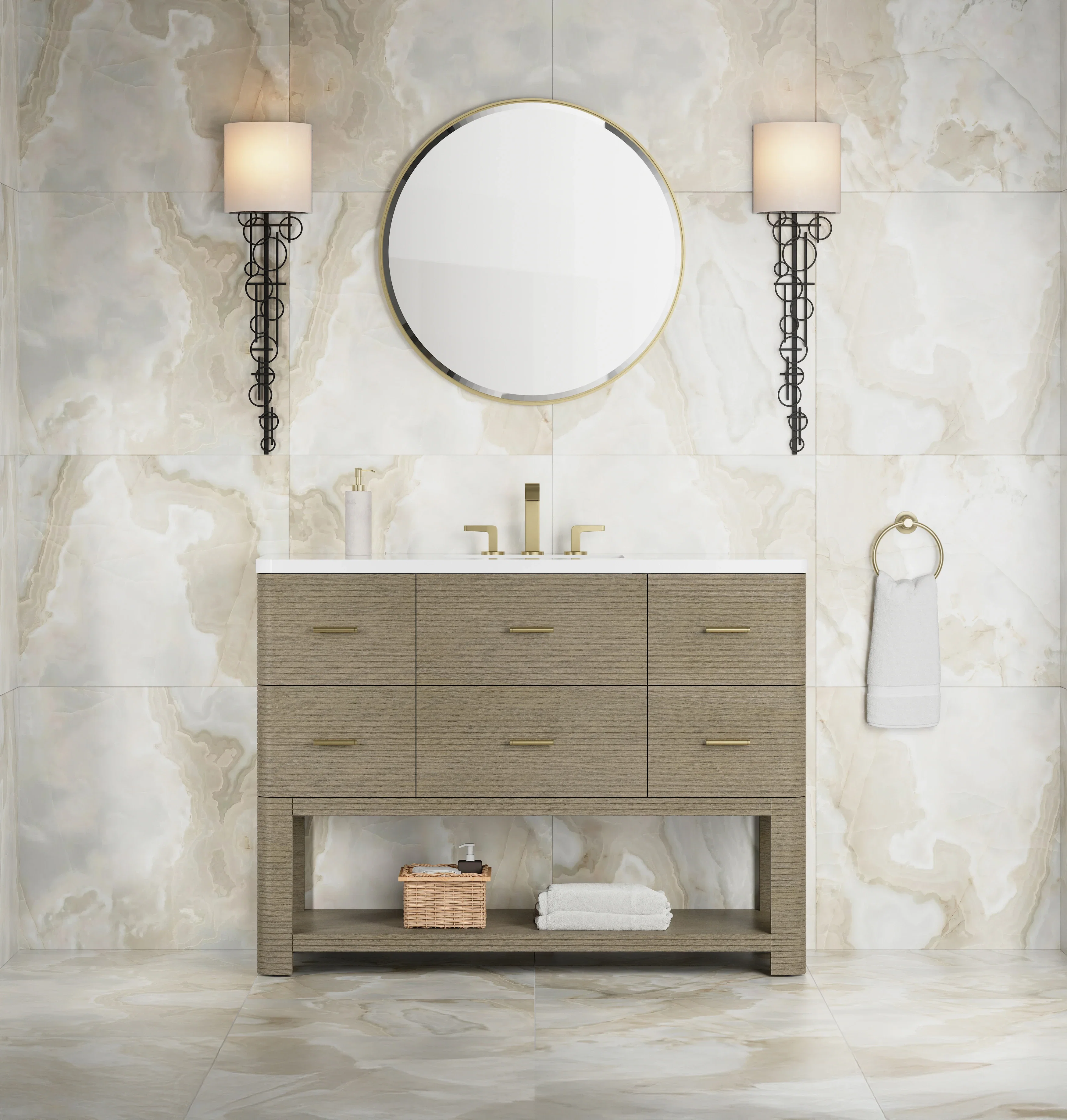Lucian 48" Single Vanity, Pebble Oak w/ 3 CM White Zeus Silestone Widespread Top