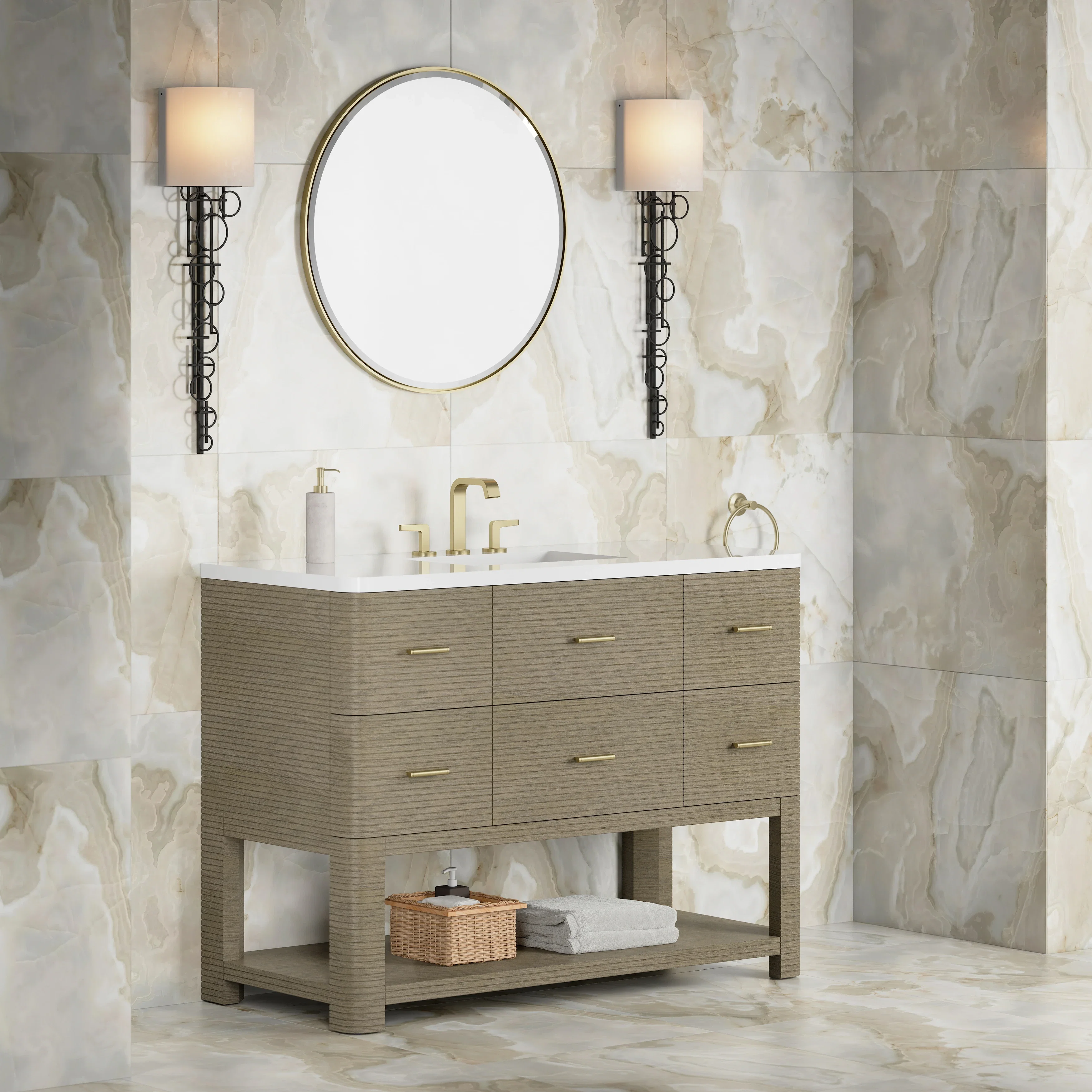 Lucian 48" Single Vanity, Pebble Oak w/ 3 CM White Zeus Silestone Widespread Top