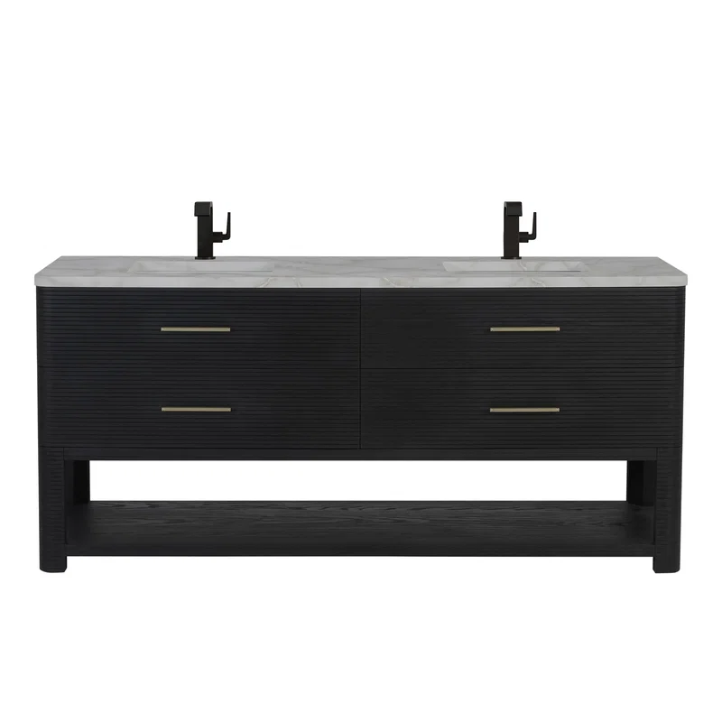Lucian 72" Double Vanity, Carbon Oak w/ 3 CM Victorian Silver Silestone Top