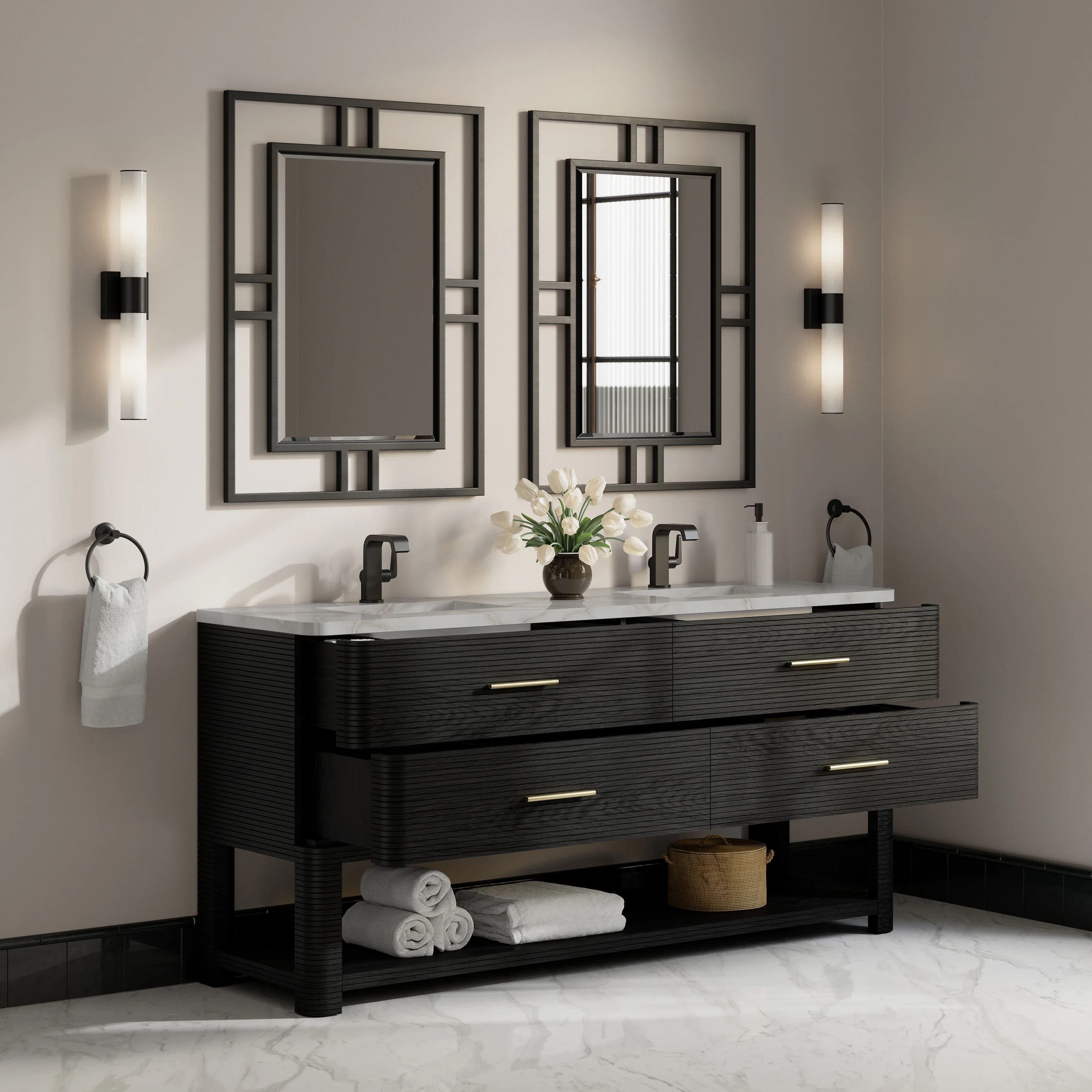 Lucian 72" Double Vanity, Carbon Oak w/ 3 CM Victorian Silver Silestone Top