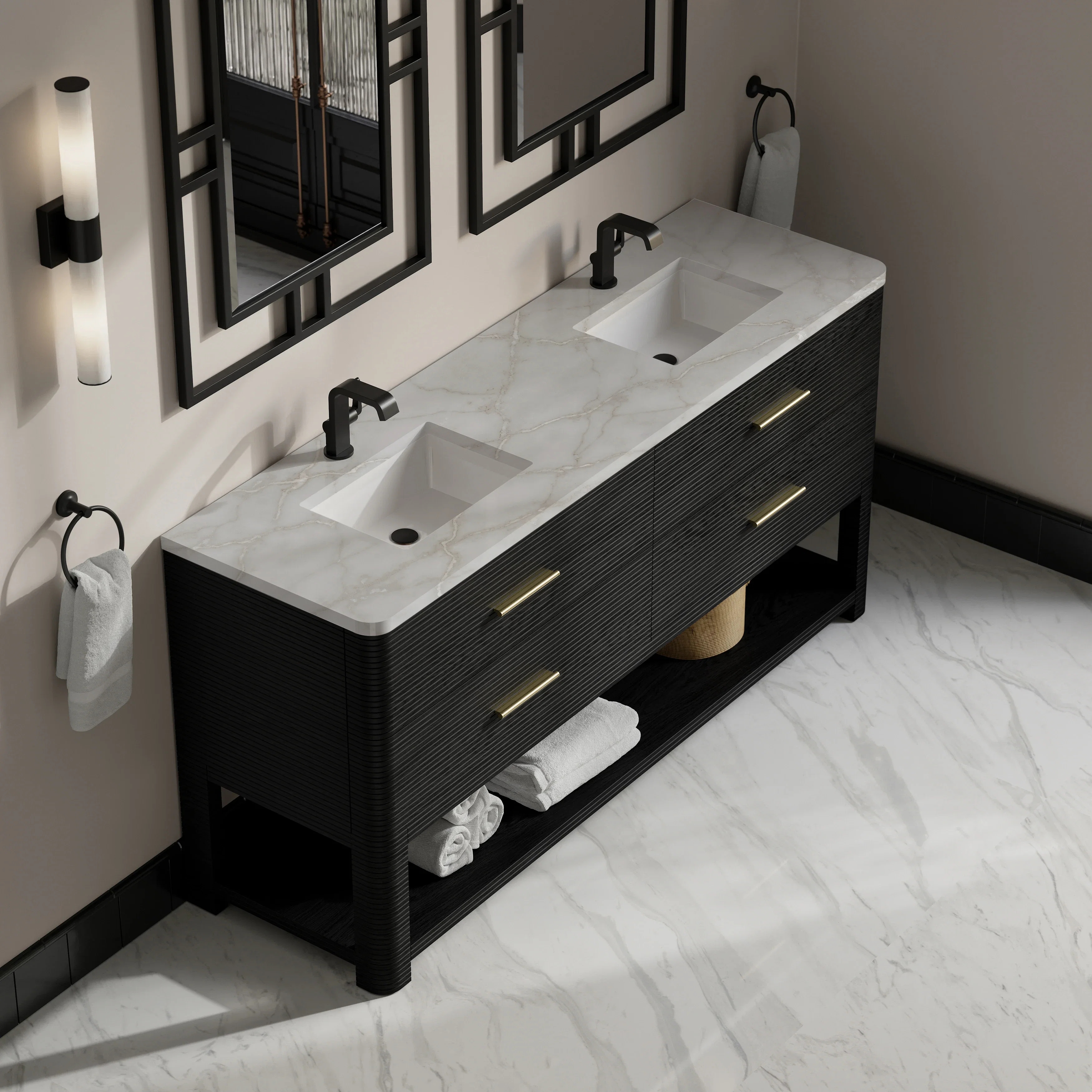 Lucian 72" Double Vanity, Carbon Oak w/ 3 CM Victorian Silver Silestone Top