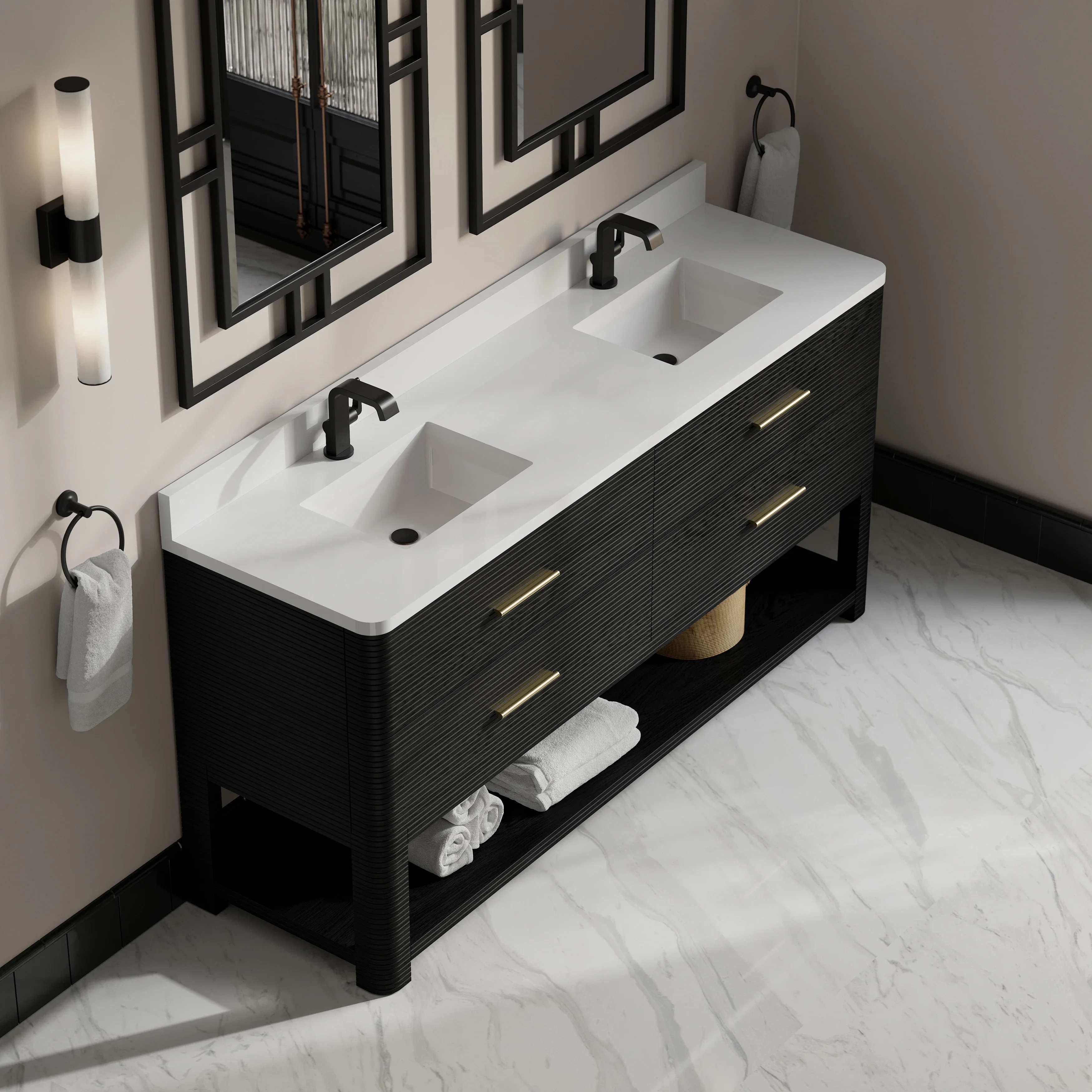 Lucian 72" Double Vanity, Carbon Oak w/ 3 CM White Zeus Silestone Top