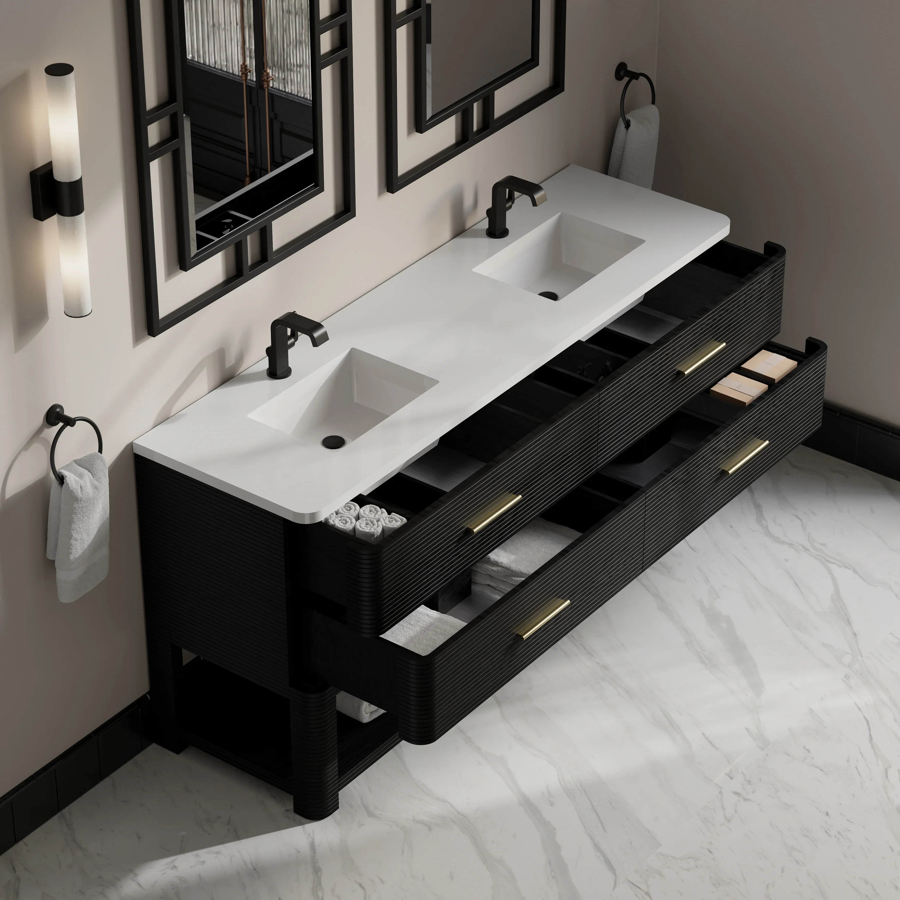 Lucian 72" Double Vanity, Carbon Oak w/ 3 CM White Zeus Silestone Top