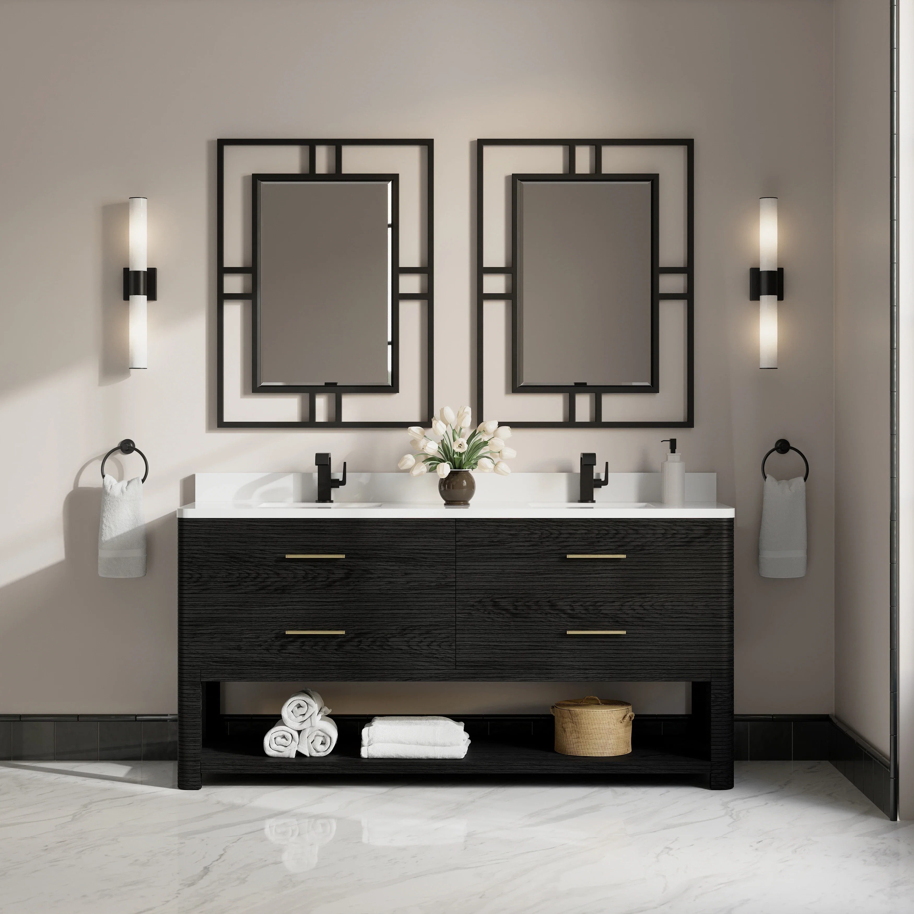 Lucian 72" Double Vanity, Carbon Oak w/ 3 CM White Zeus Silestone Top