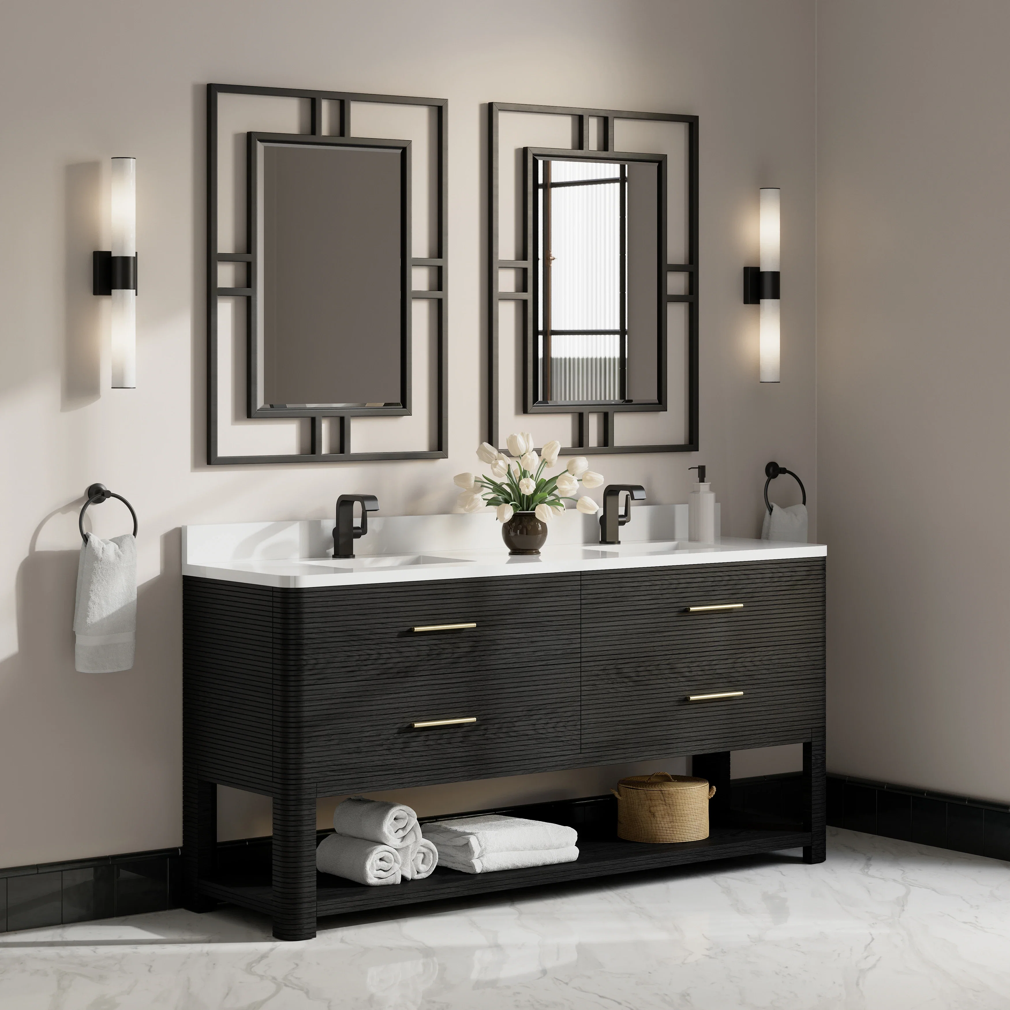 Lucian 72" Double Vanity, Carbon Oak w/ 3 CM White Zeus Silestone Top