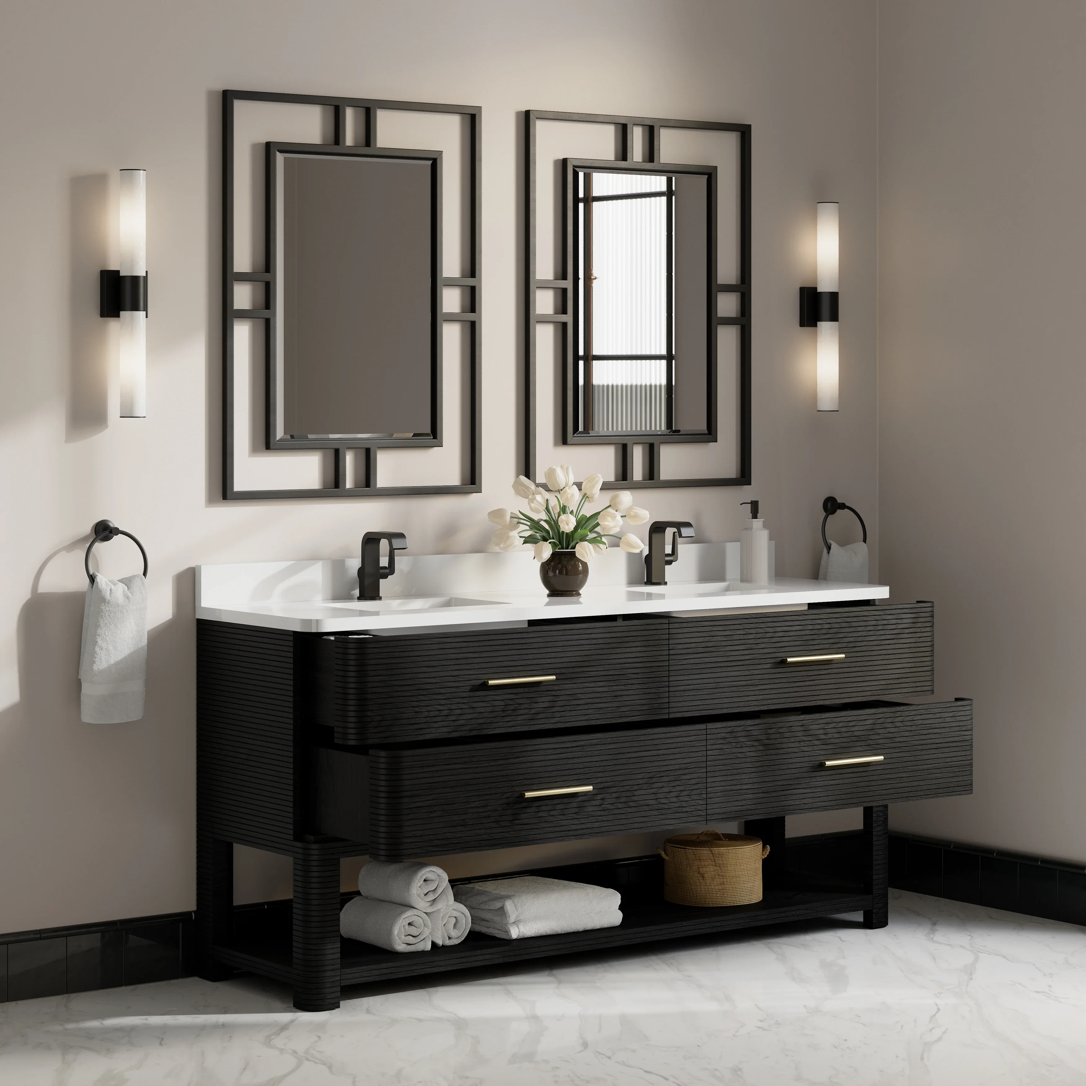 Lucian 72" Double Vanity, Carbon Oak w/ 3 CM White Zeus Silestone Top