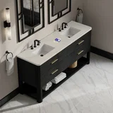 Lucian 72" Double Vanity, Carbon Oak, w/ 3 CM Siberian Silestone Top w/FreePower Wireless Charger