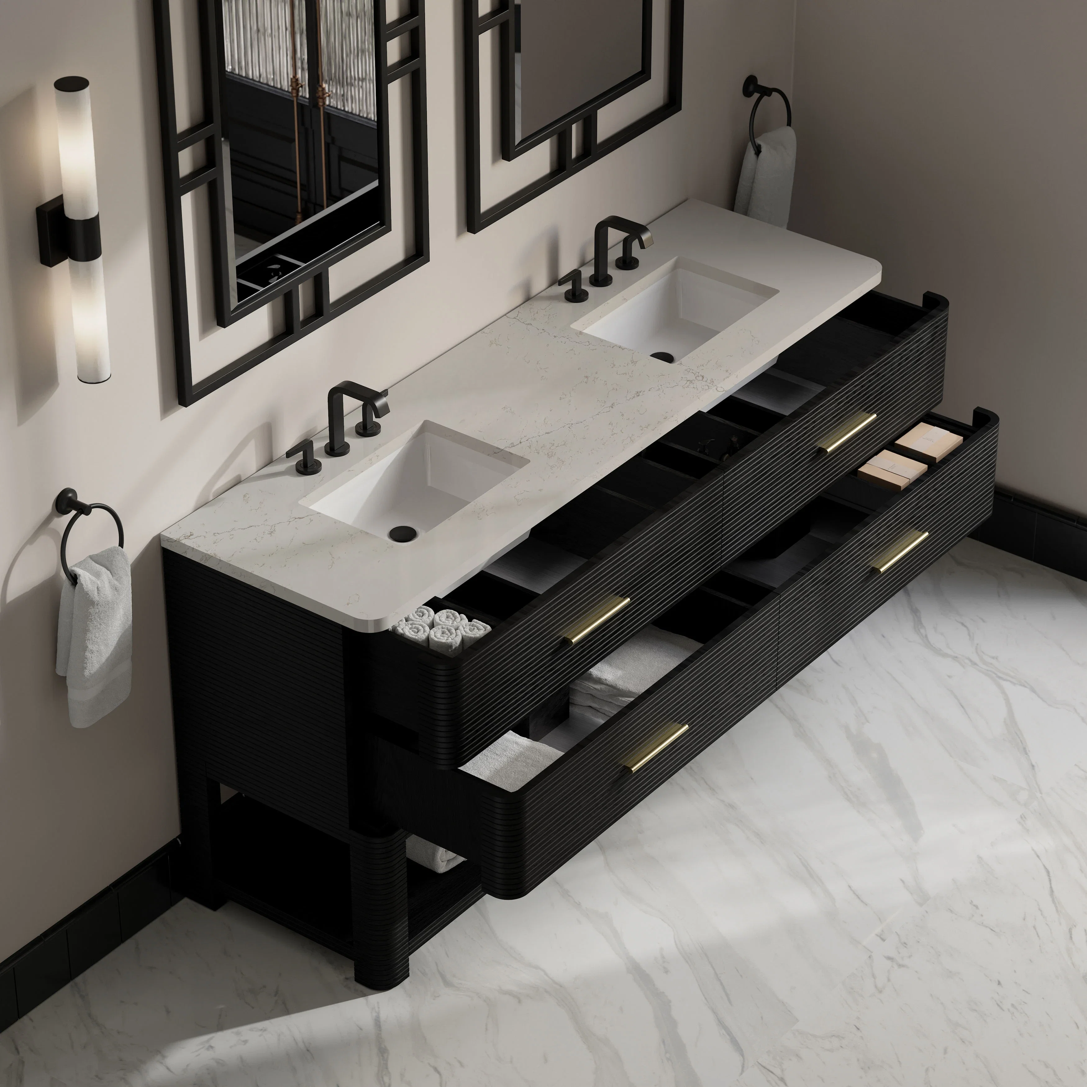 Lucian 72" Double Vanity, Carbon Oak, w/ 3 CM Siberian Silestone Top w/FreePower Wireless Charger