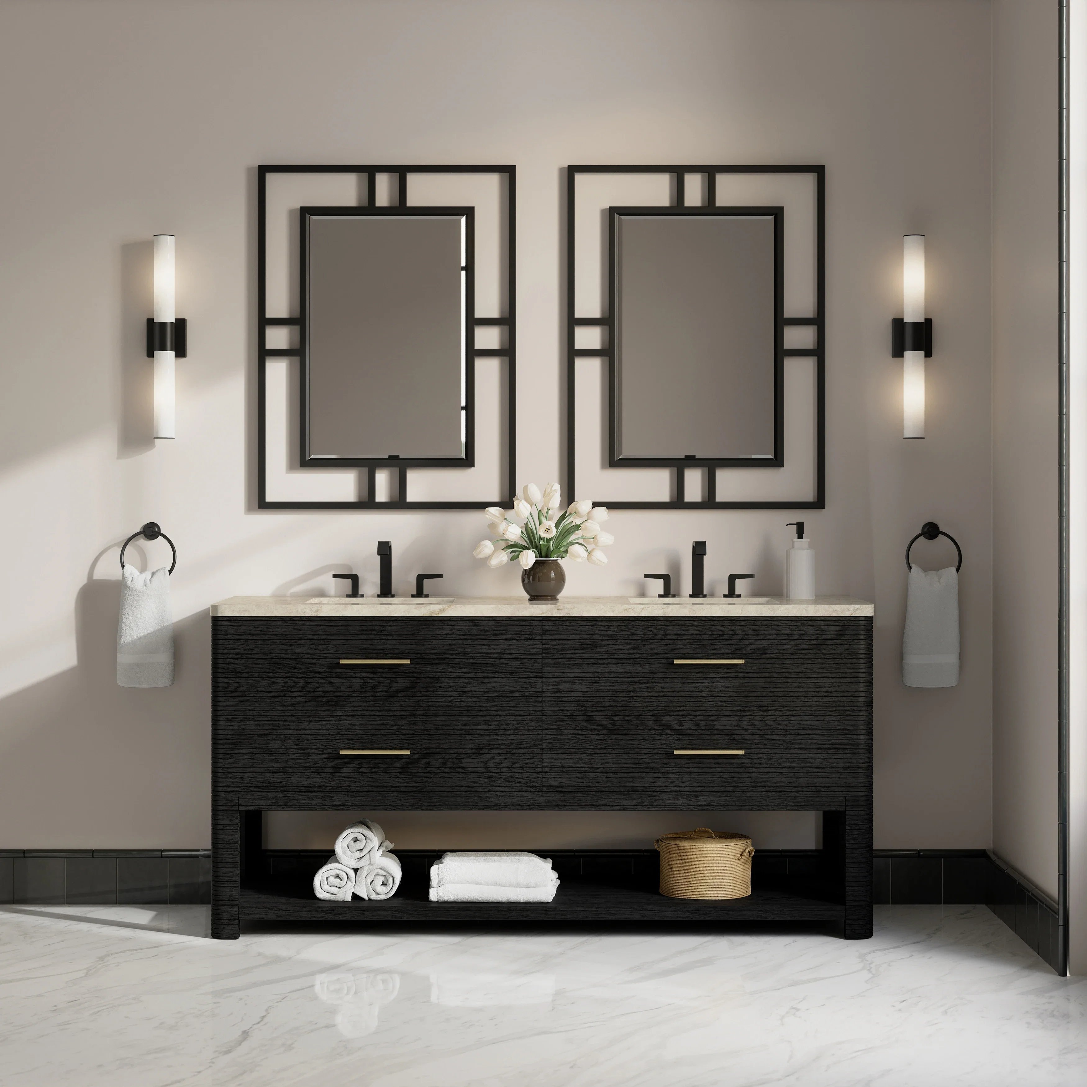 Lucian 72" Double Vanity, Carbon Oak, w/ 3 CM Tajnar Eclos Top w/FreePower Wireless Charger