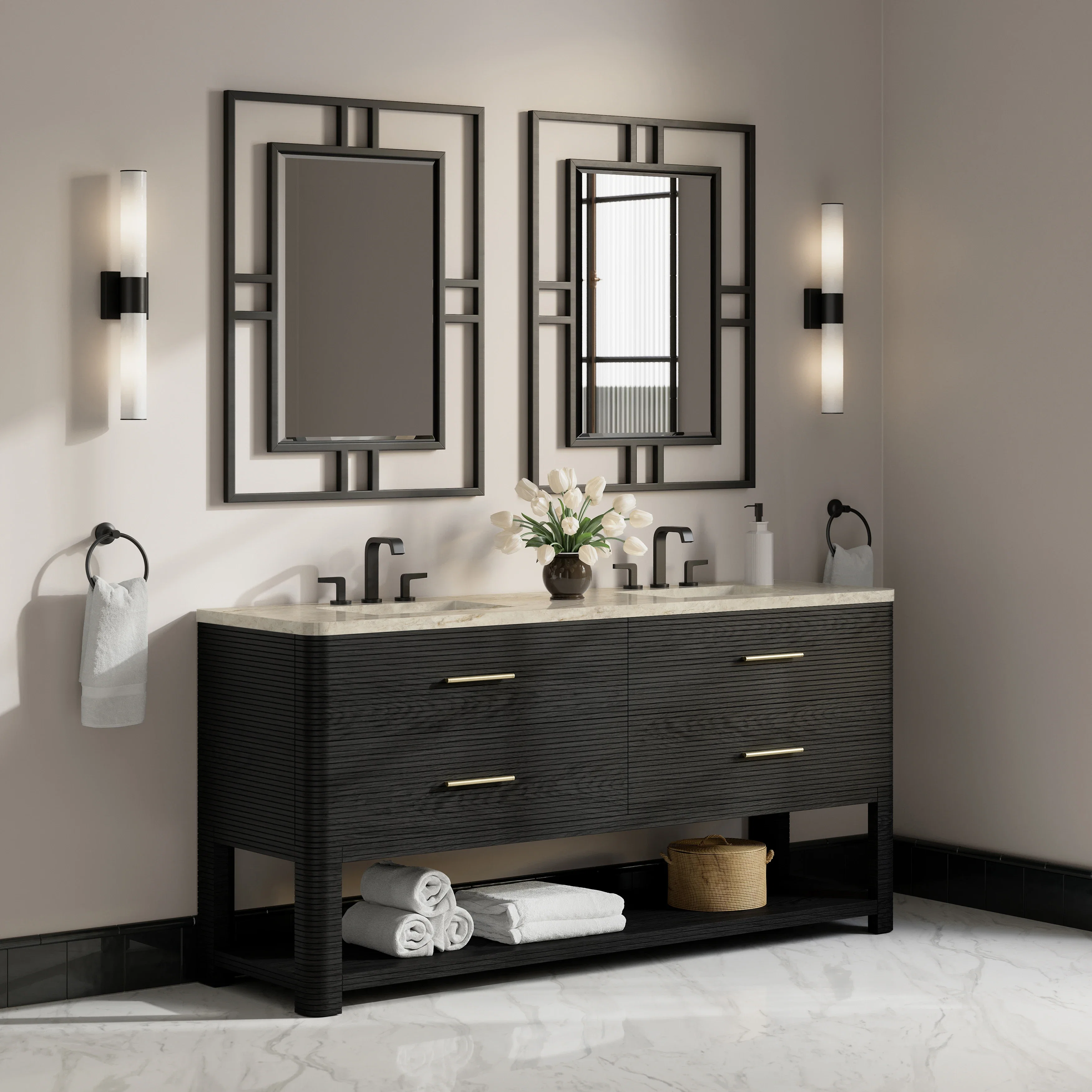 Lucian 72" Double Vanity, Carbon Oak, w/ 3 CM Tajnar Eclos Top w/FreePower Wireless Charger