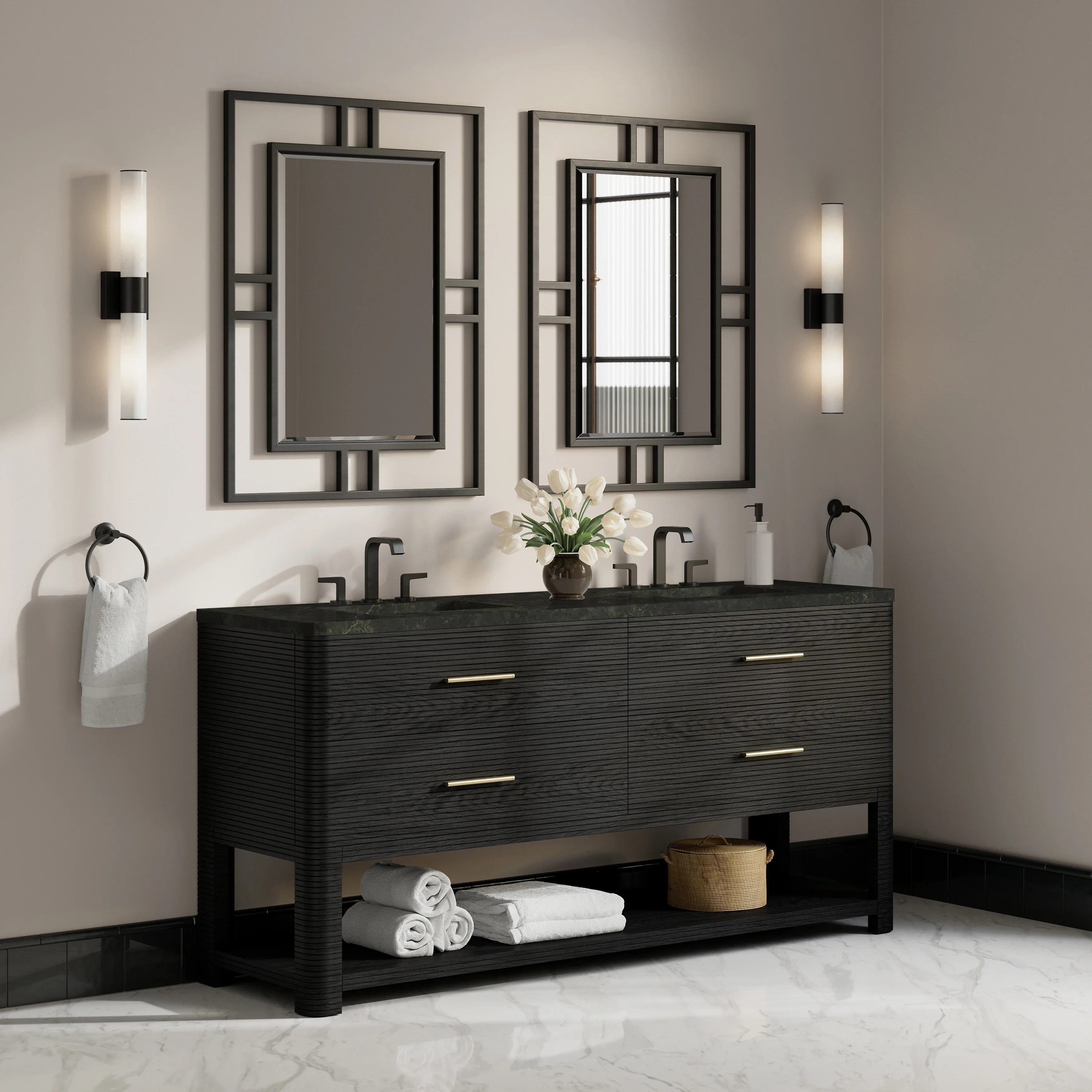 Lucian 72" Double Vanity, Carbon Oak, w/ 3 CM Phantome Eclos Widespread Top
