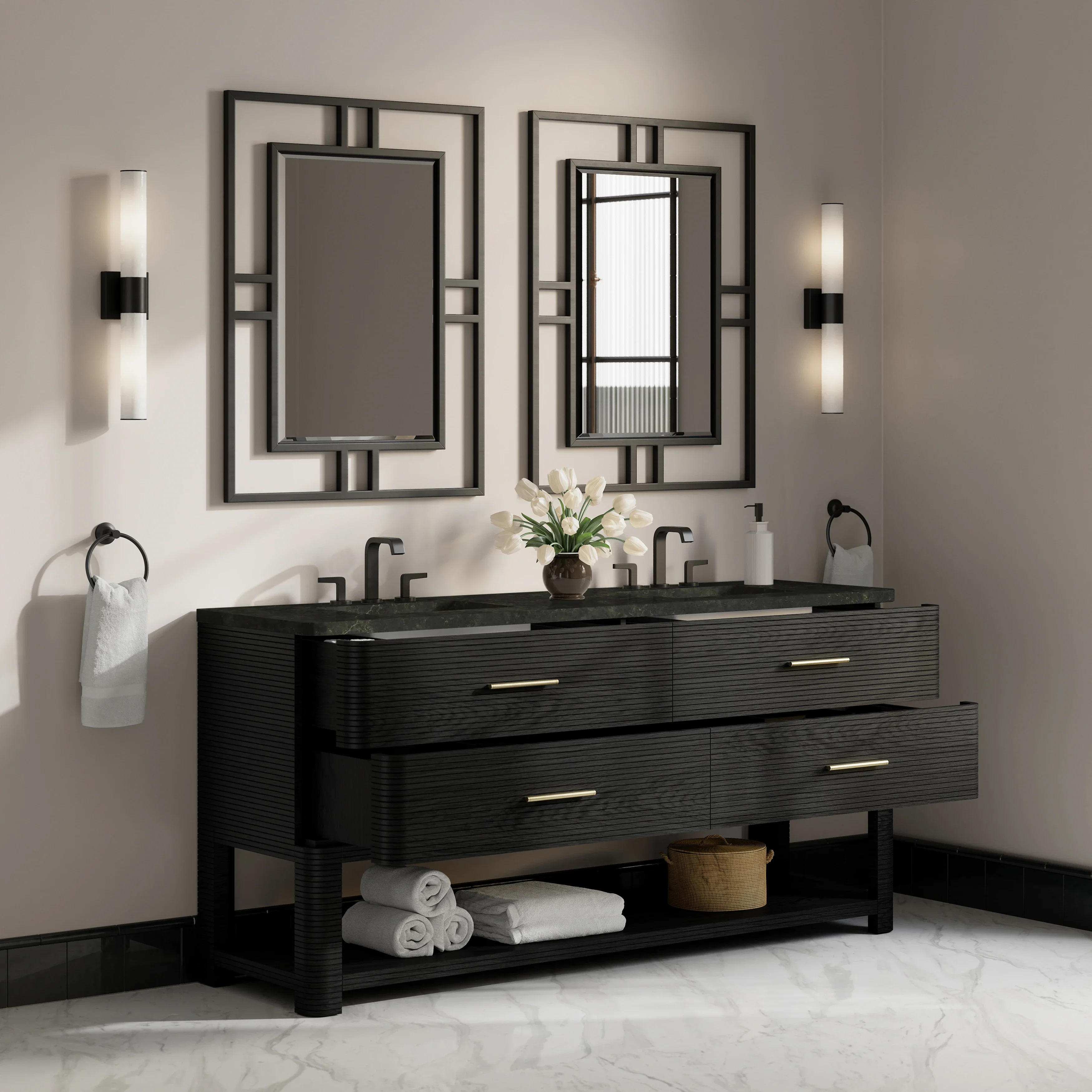 Lucian 72" Double Vanity, Carbon Oak, w/ 3 CM Phantome Eclos Widespread Top