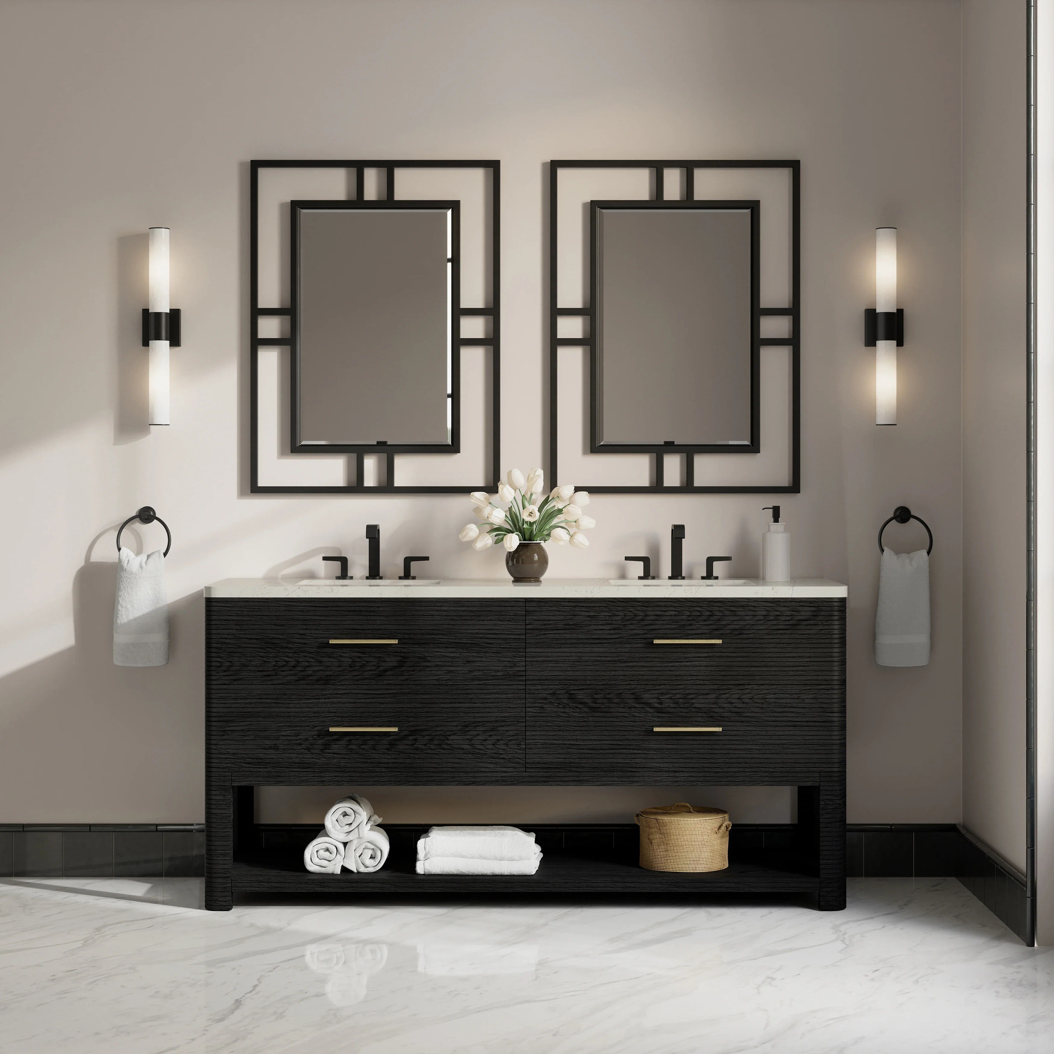 Lucian 72" Double Vanity, Carbon Oak, w/ 3 CM Siberian Silestone Widespread Top
