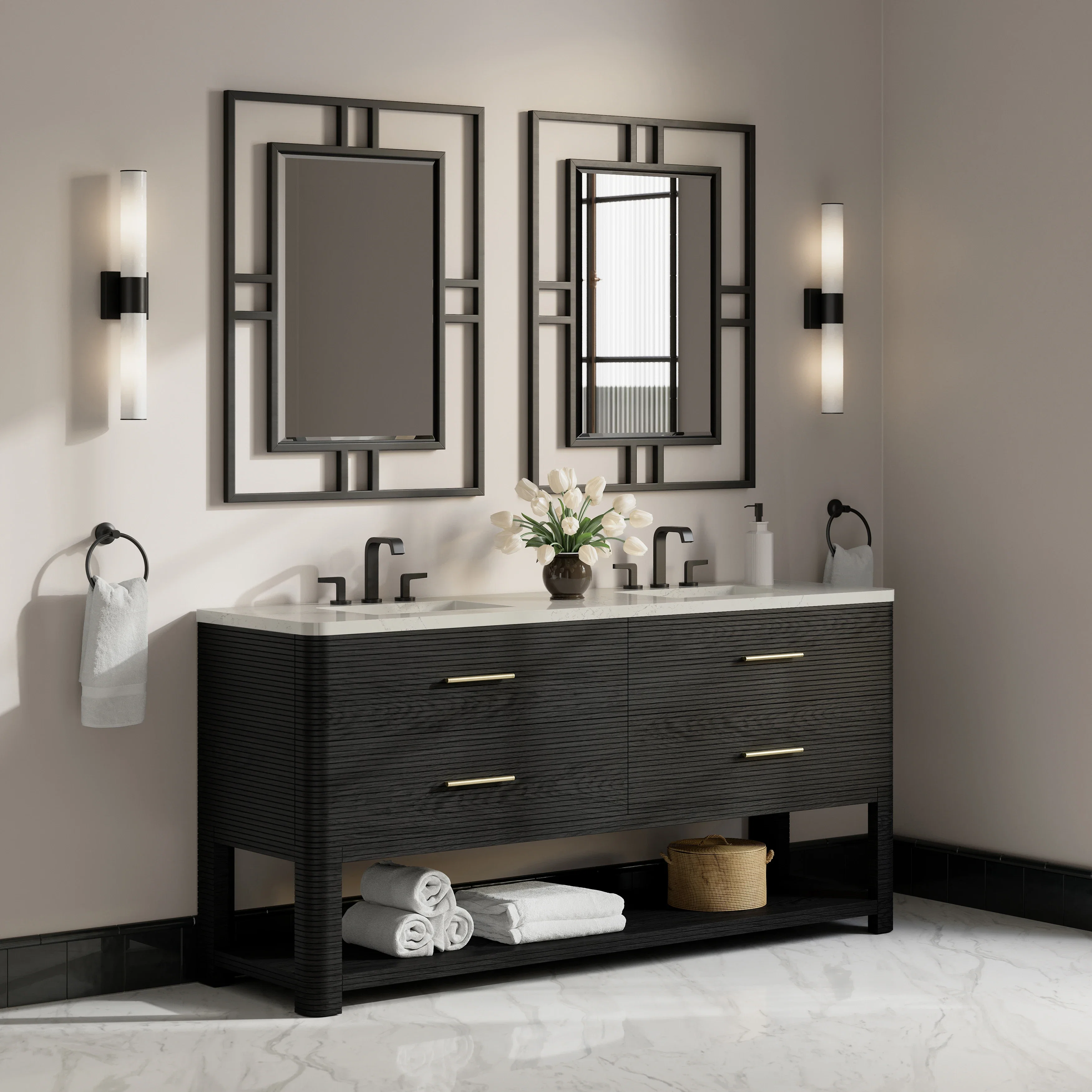 Lucian 72" Double Vanity, Carbon Oak, w/ 3 CM Siberian Silestone Widespread Top