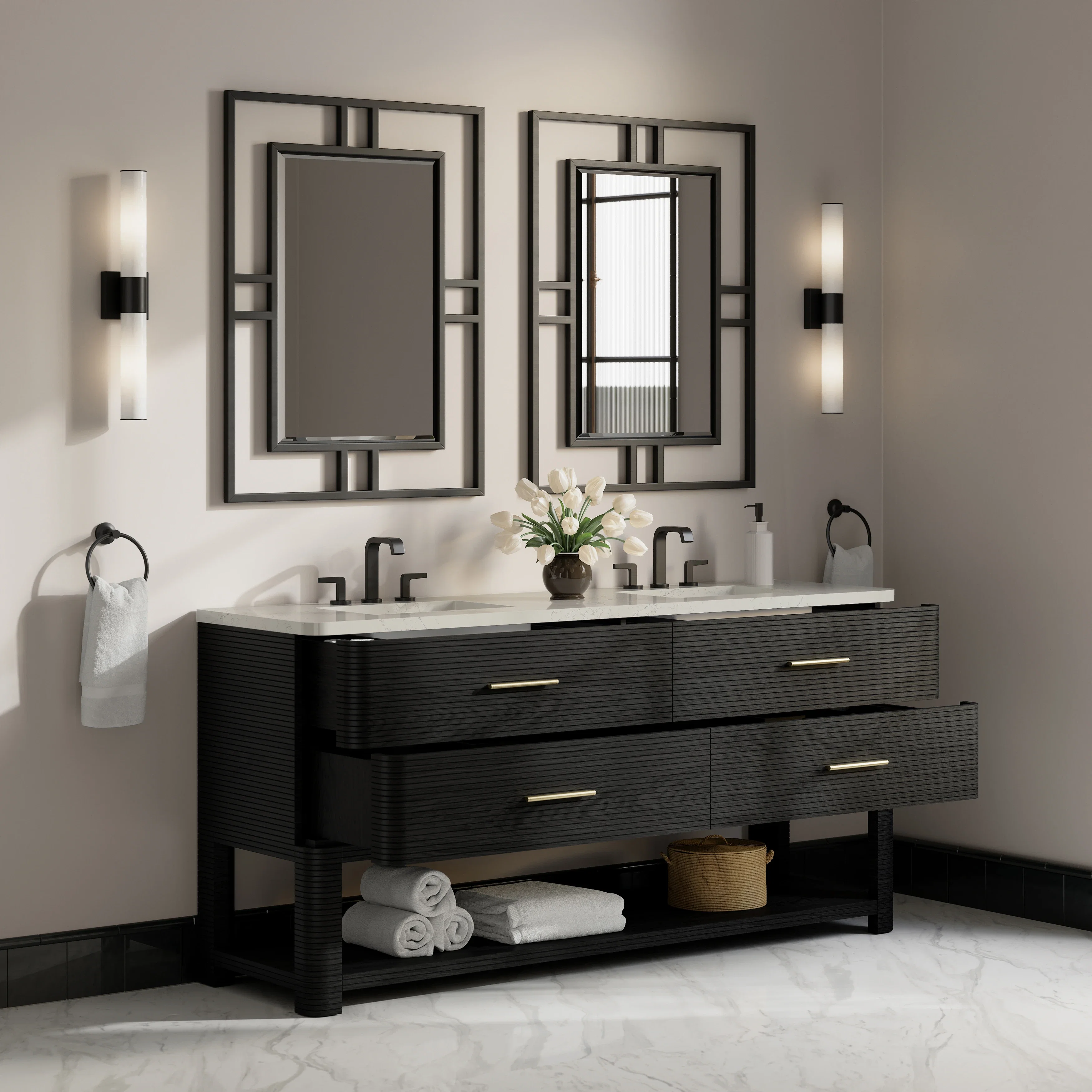 Lucian 72" Double Vanity, Carbon Oak, w/ 3 CM Siberian Silestone Widespread Top