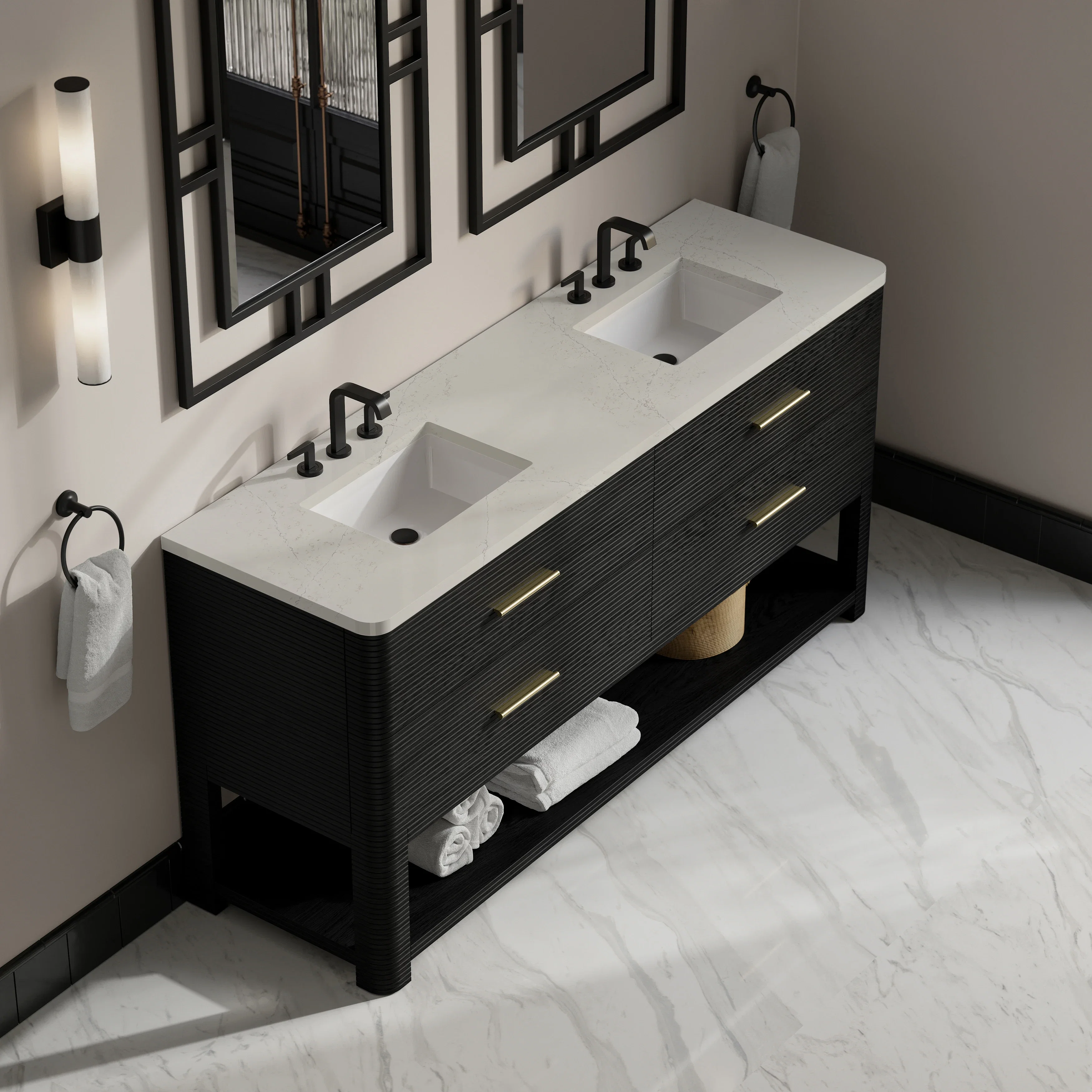 Lucian 72" Double Vanity, Carbon Oak, w/ 3 CM Siberian Silestone Widespread Top