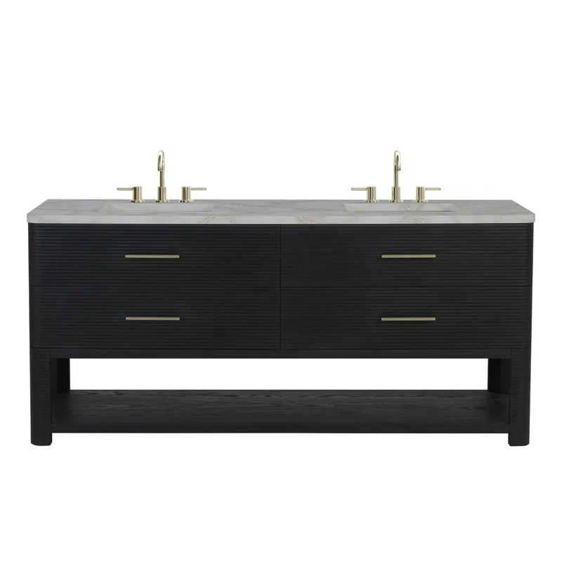 Lucian 72" Double Vanity, Carbon Oak w/ 3 CM Victorian Silver Silestone Widespread Top