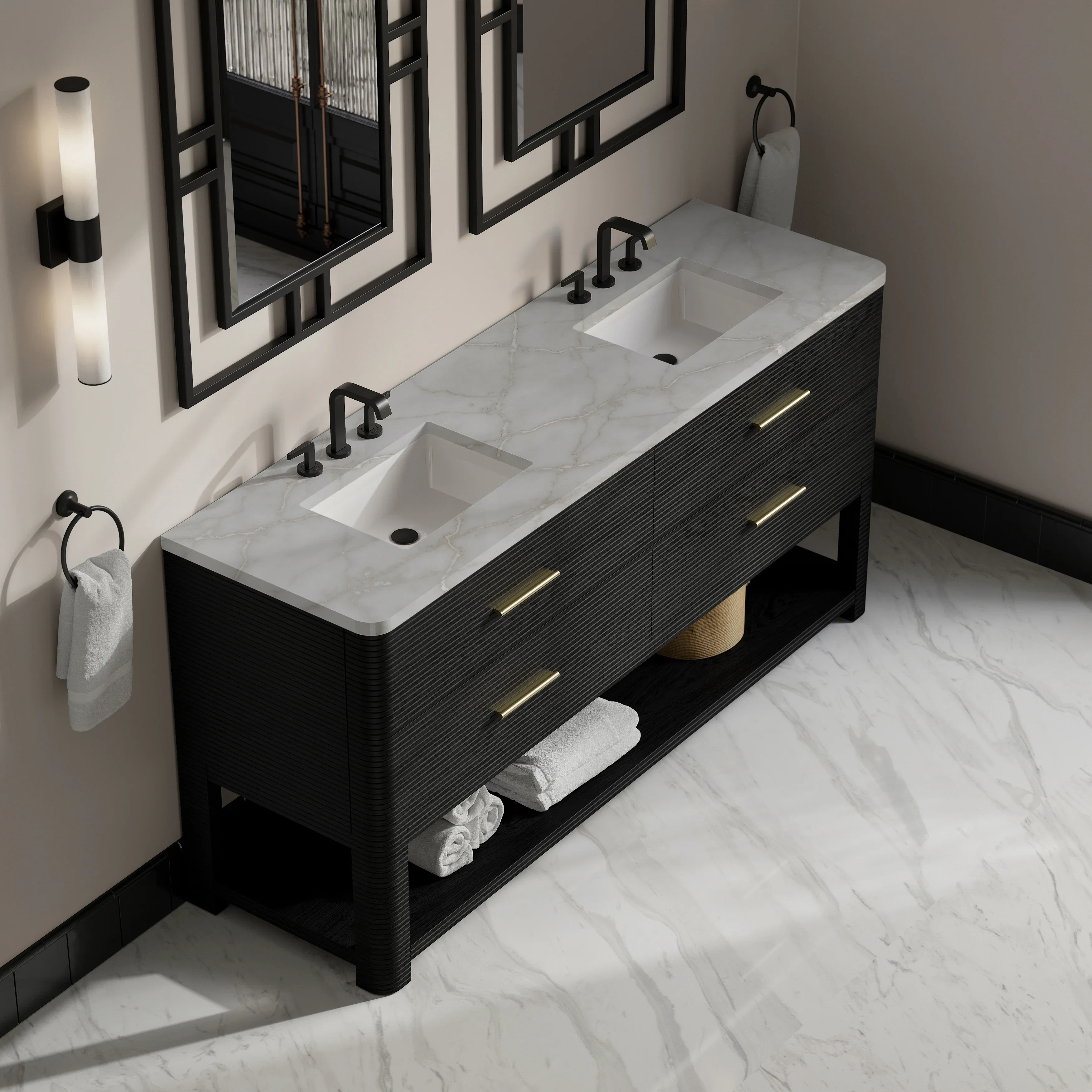 Lucian 72" Double Vanity, Carbon Oak w/ 3 CM Victorian Silver Silestone Widespread Top