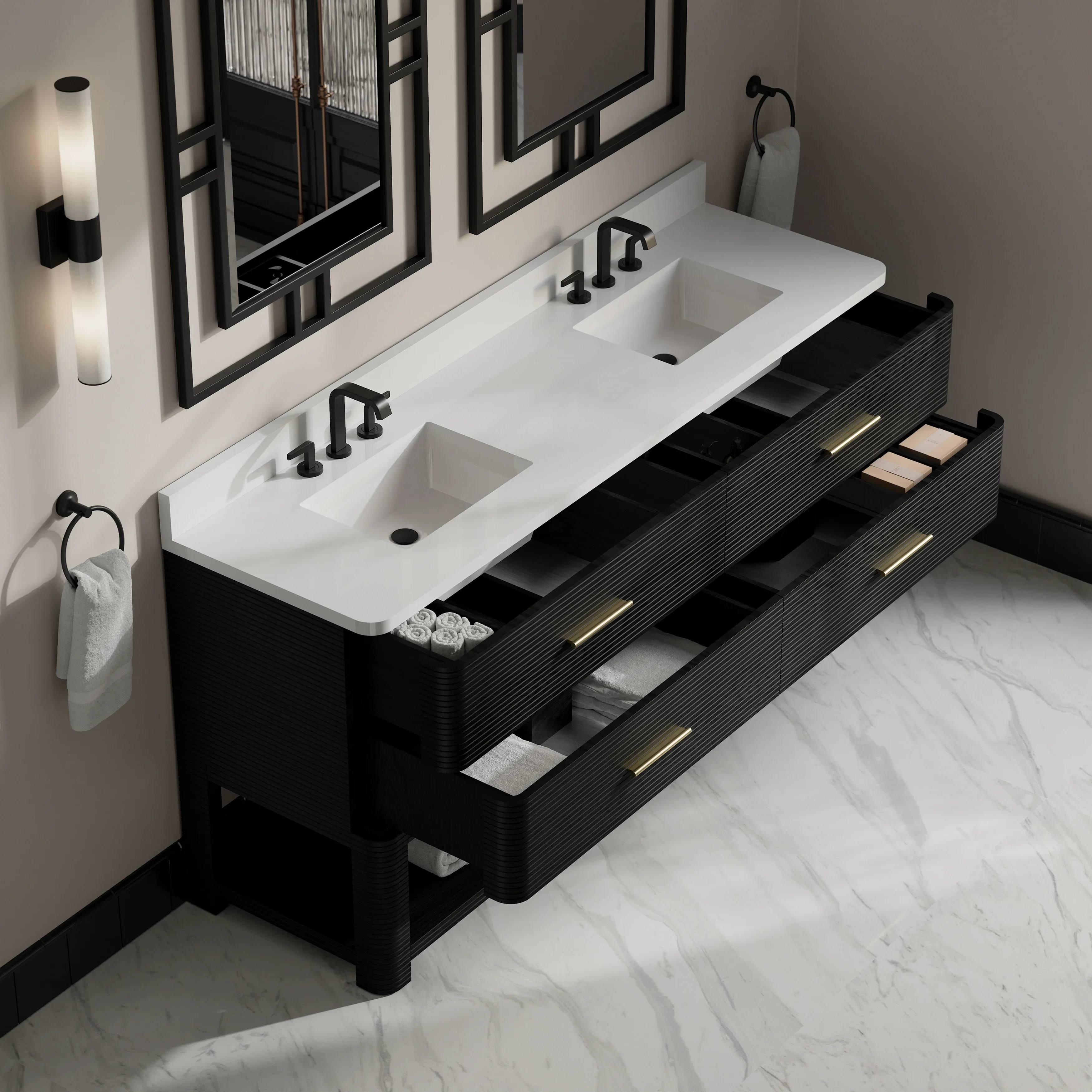 Lucian 72" Double Vanity, Carbon Oak w/ 3 CM White Zeus Silestone Widespread Top