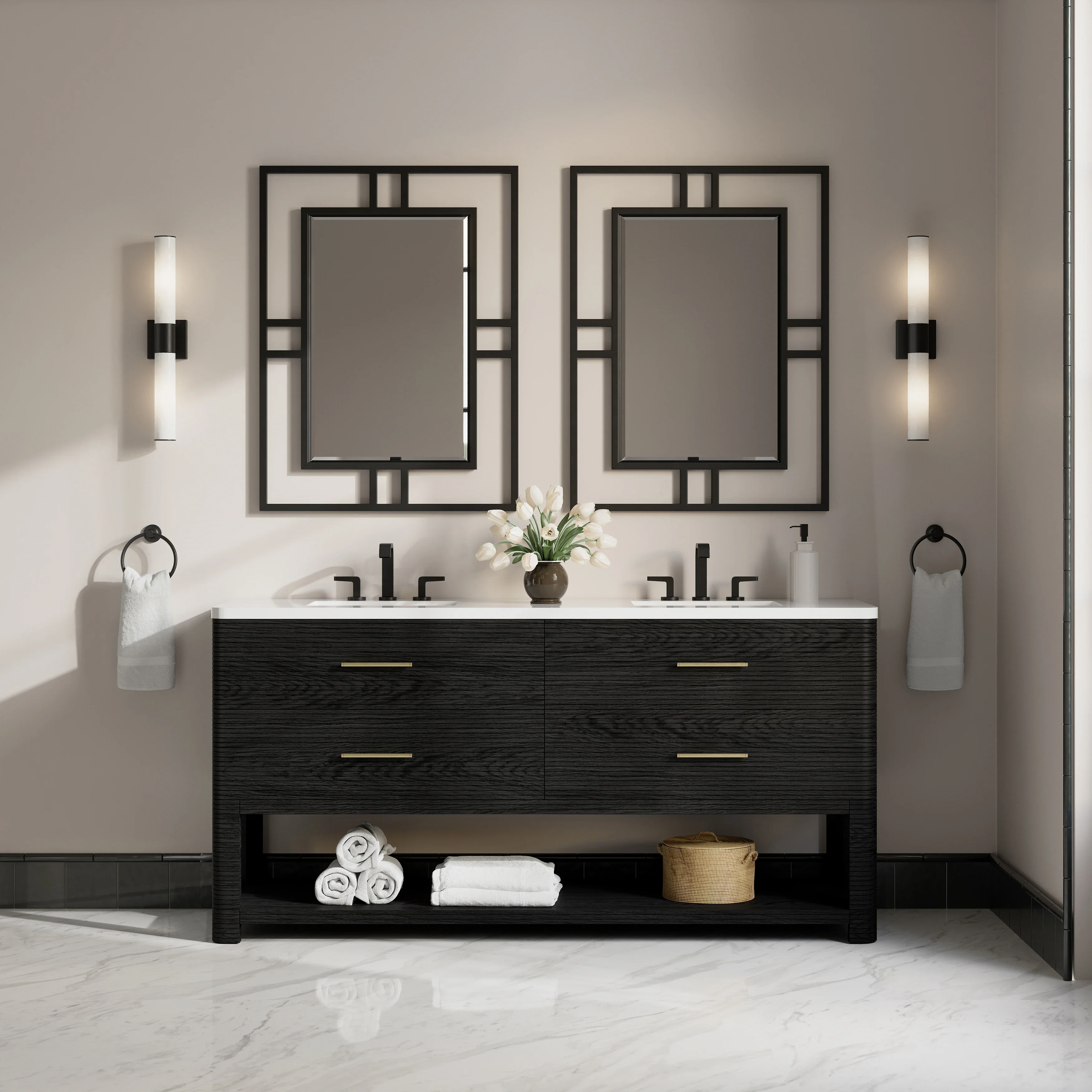 Lucian 72" Double Vanity, Carbon Oak w/ 3 CM White Zeus Silestone Widespread Top