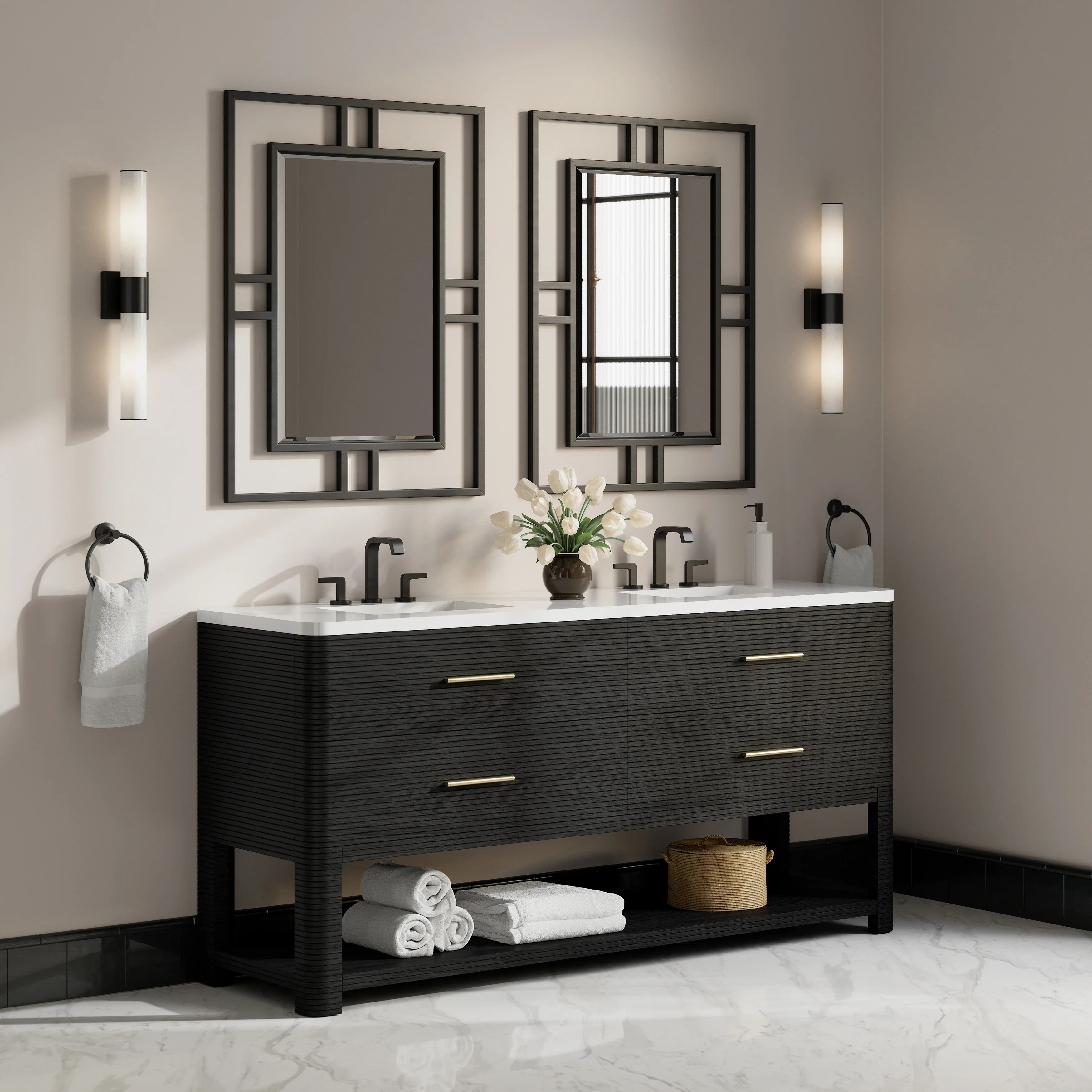 Lucian 72" Double Vanity, Carbon Oak w/ 3 CM White Zeus Silestone Widespread Top