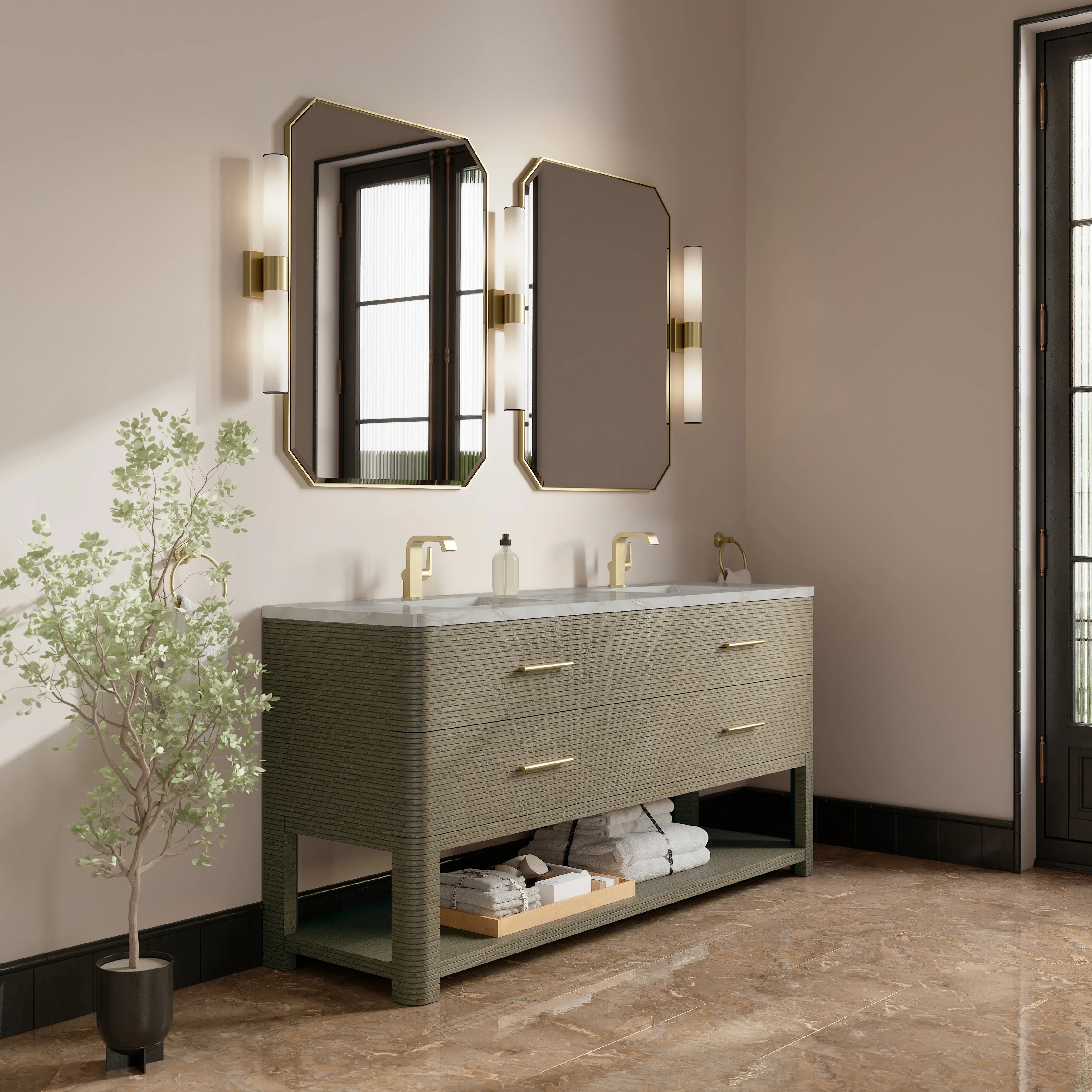 Lucian 72" Double Vanity, Pebble Oak w/ 3 CM Victorian Silver Silestone Top
