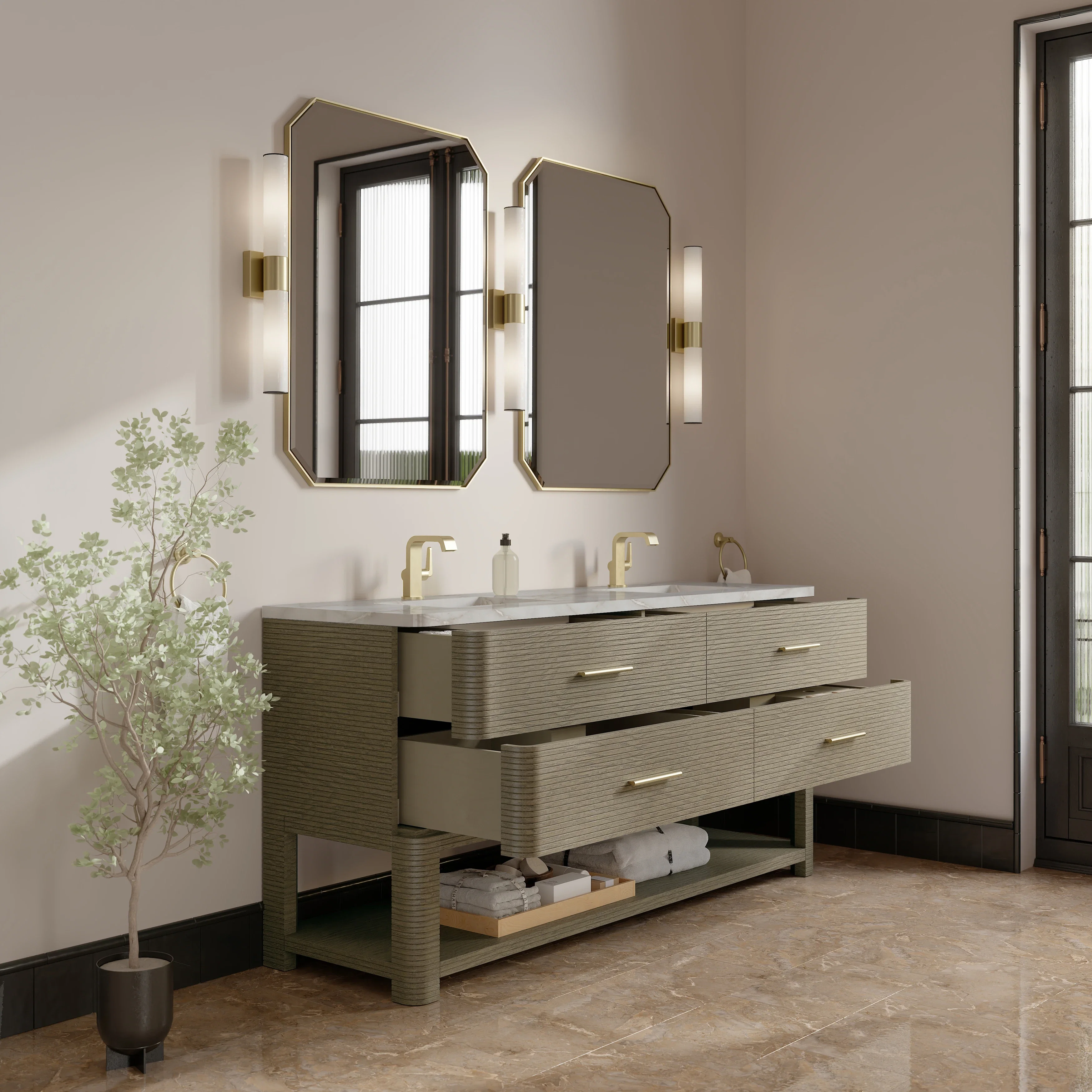 Lucian 72" Double Vanity, Pebble Oak w/ 3 CM Victorian Silver Silestone Top