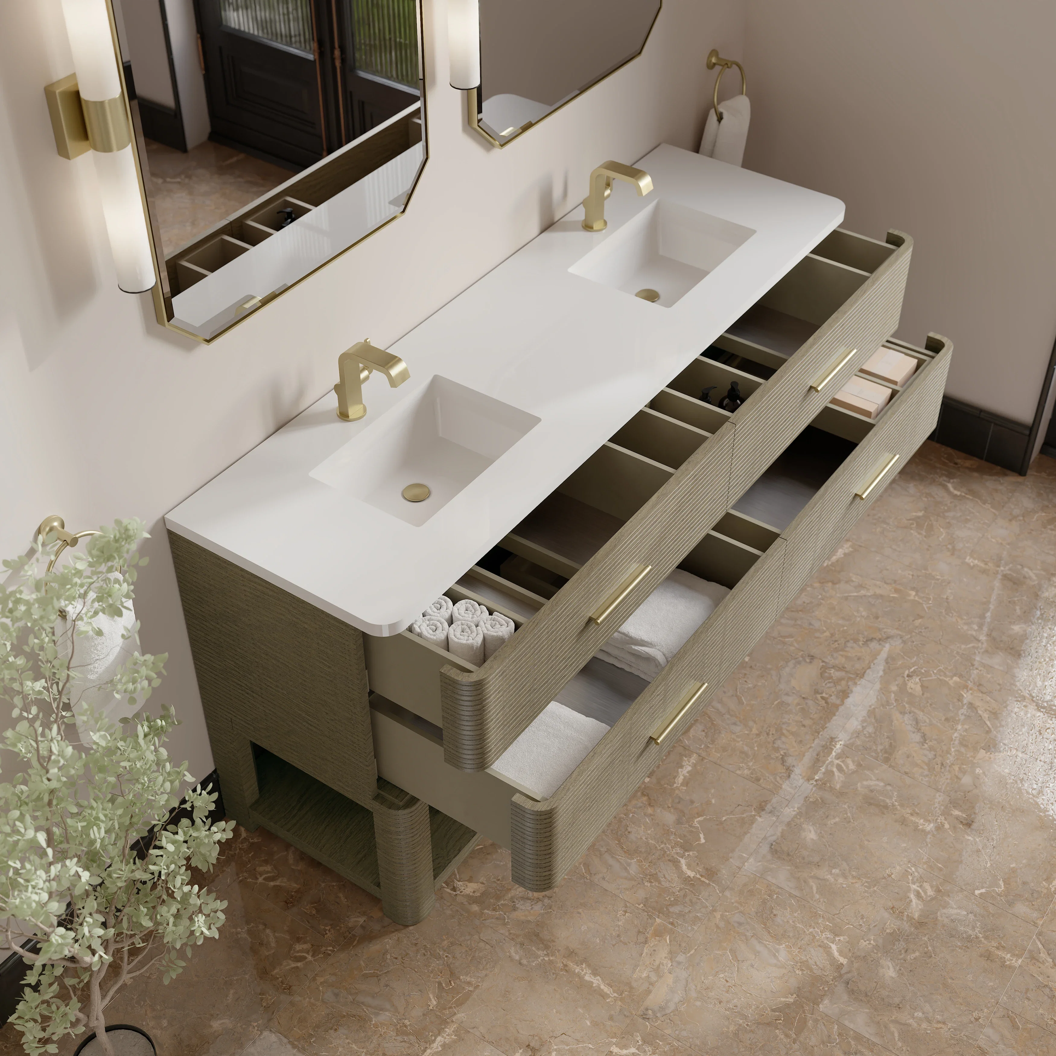 Lucian 72" Double Vanity, Pebble Oak w/ 3 CM White Zeus Silestone Top