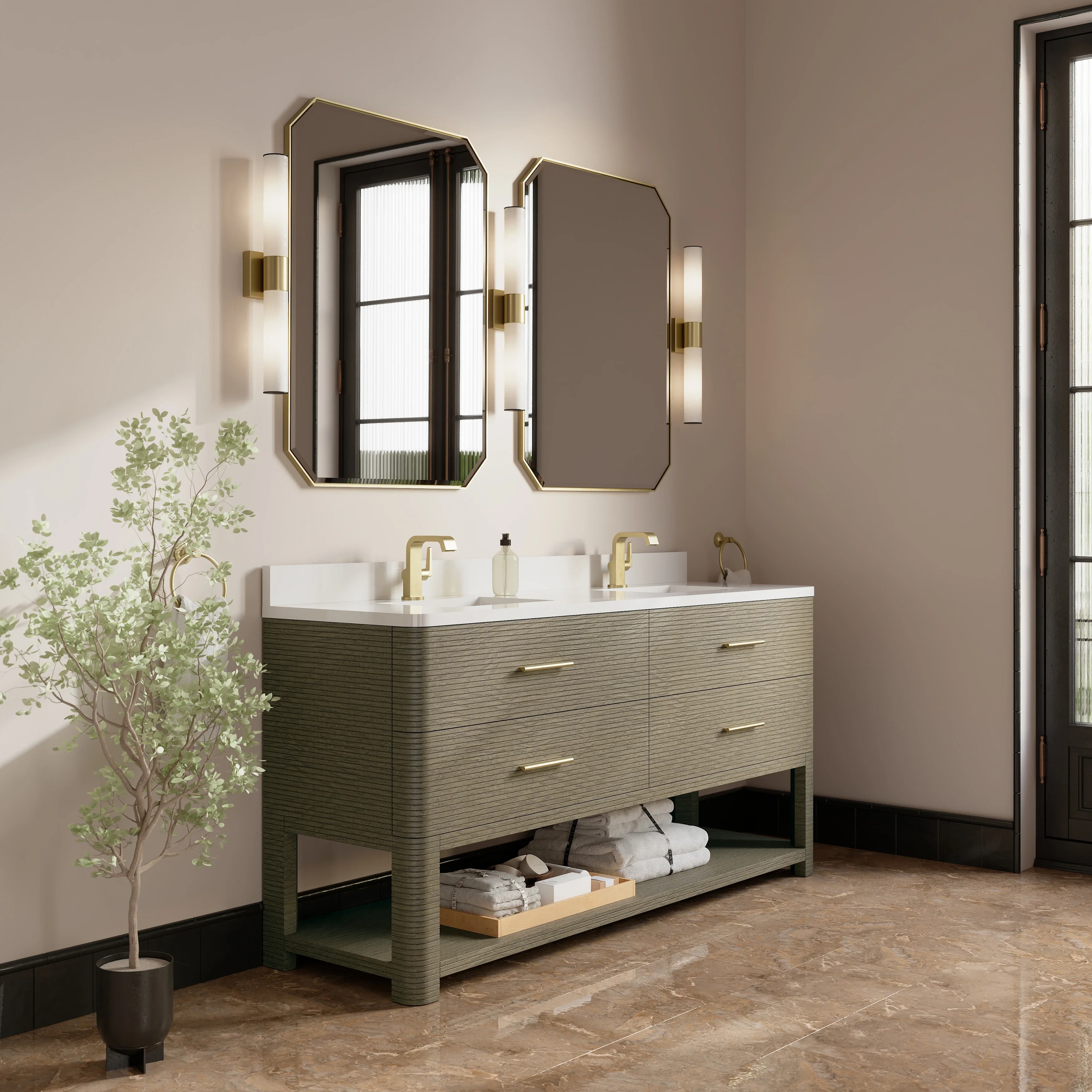 Lucian 72" Double Vanity, Pebble Oak w/ 3 CM White Zeus Silestone Top